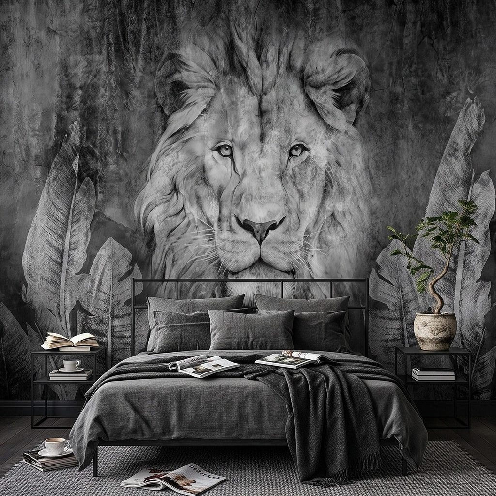 Majestic Lion Peel and Stick Wall Mural, Black and White Wildlife Portrait Dark Concrete Texture Tropical Botanical Wallpaper