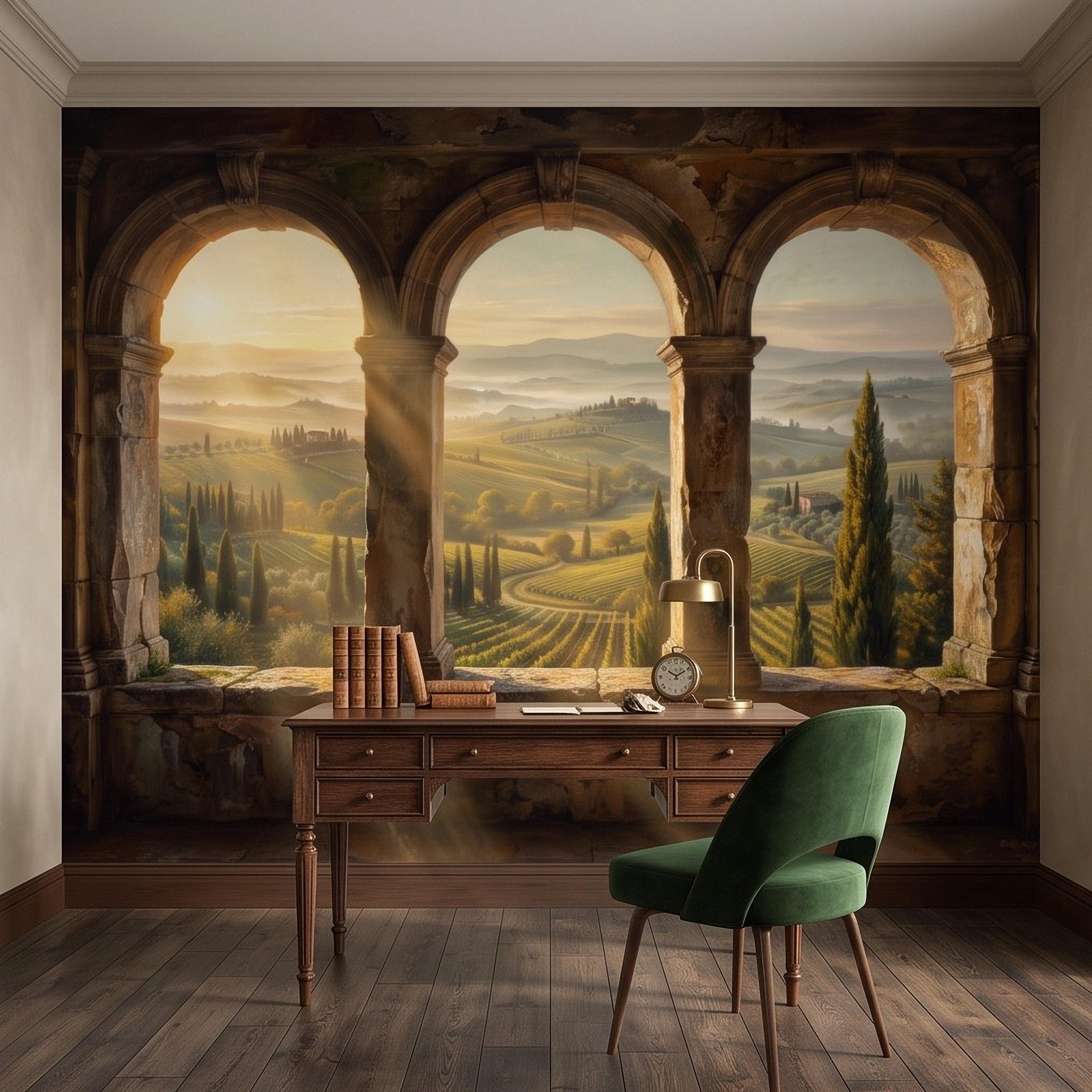Tuscan Valley Peel and Stick Wall Mural, Italian Vineyard Stone Arches Cypress Trees Golden Sunrise Vintage Scenic Painting Wallpaper