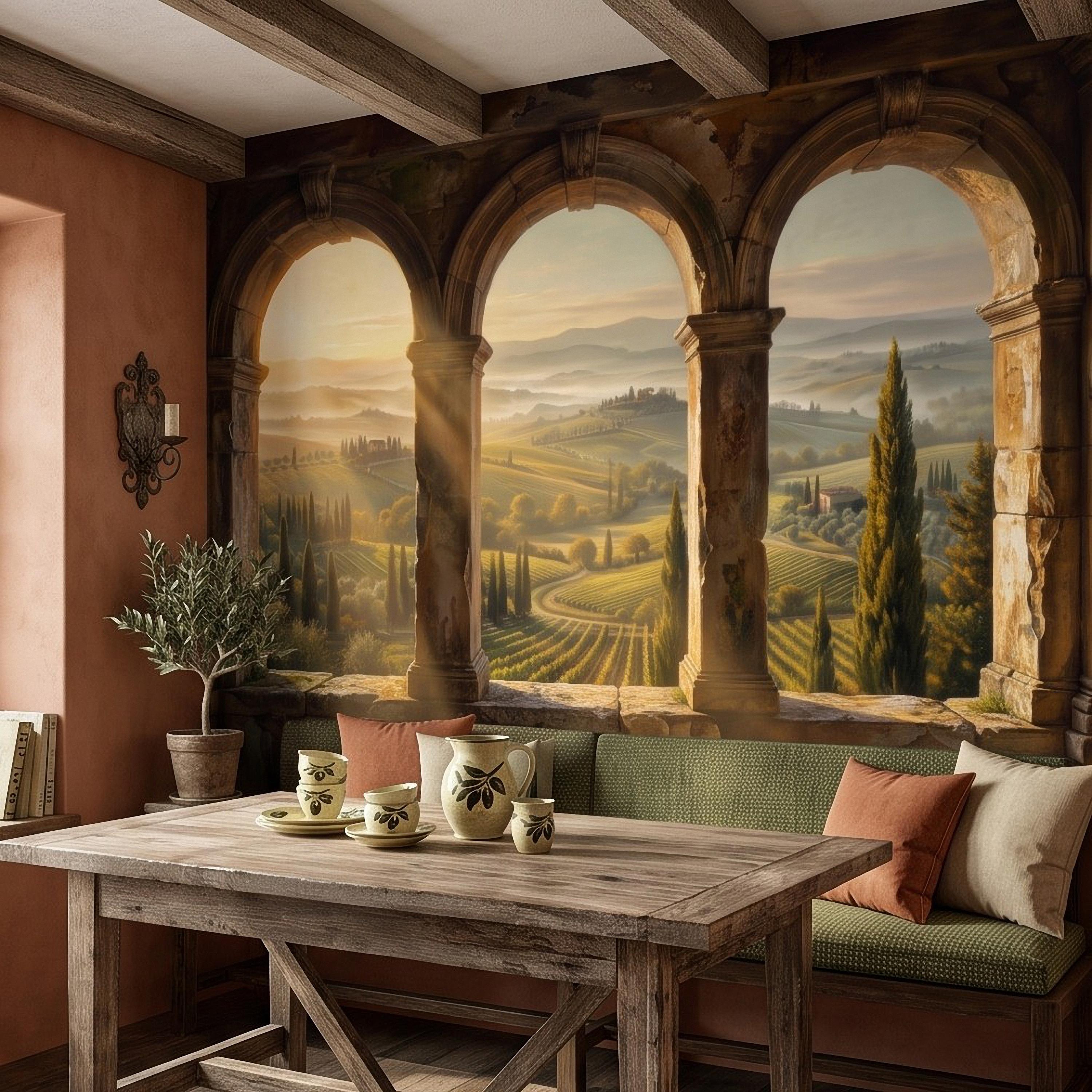 Tuscan Valley Peel and Stick Wall Mural, Italian Vineyard Stone Arches Cypress Trees Golden Sunrise Vintage Scenic Painting Wallpaper