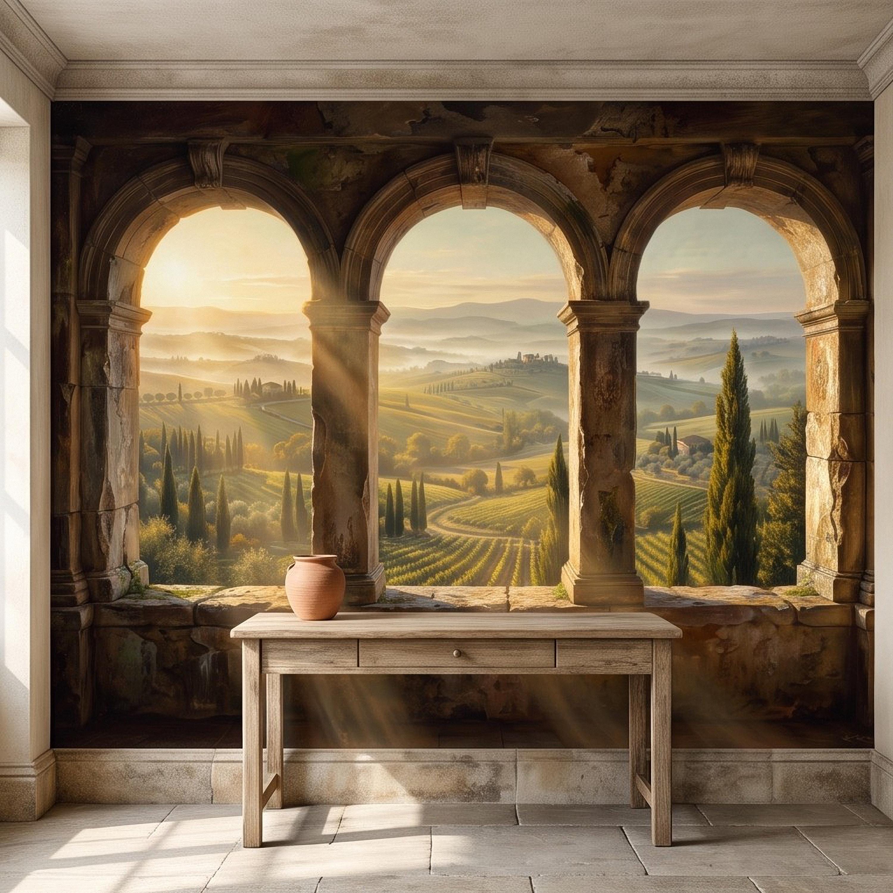 Tuscan Valley Peel and Stick Wall Mural, Italian Vineyard Stone Arches Cypress Trees Golden Sunrise Vintage Scenic Painting Wallpaper