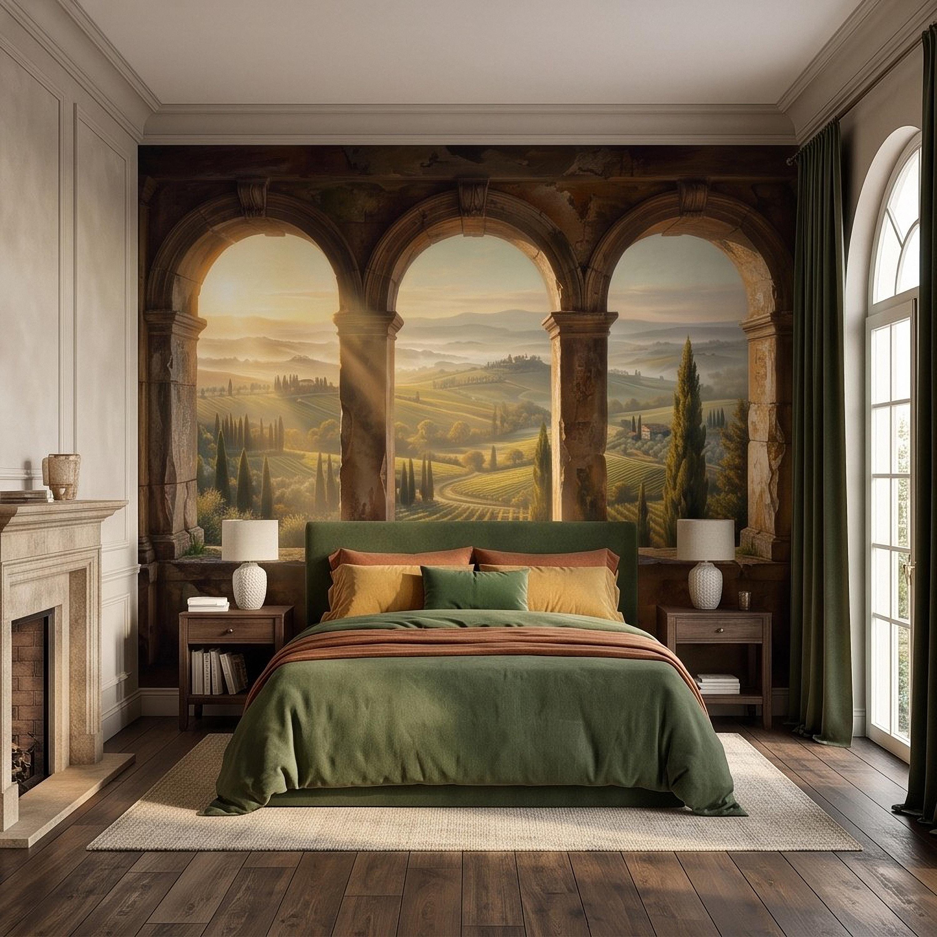 Tuscan Valley Peel and Stick Wall Mural, Italian Vineyard Stone Arches Cypress Trees Golden Sunrise Vintage Scenic Painting Wallpaper