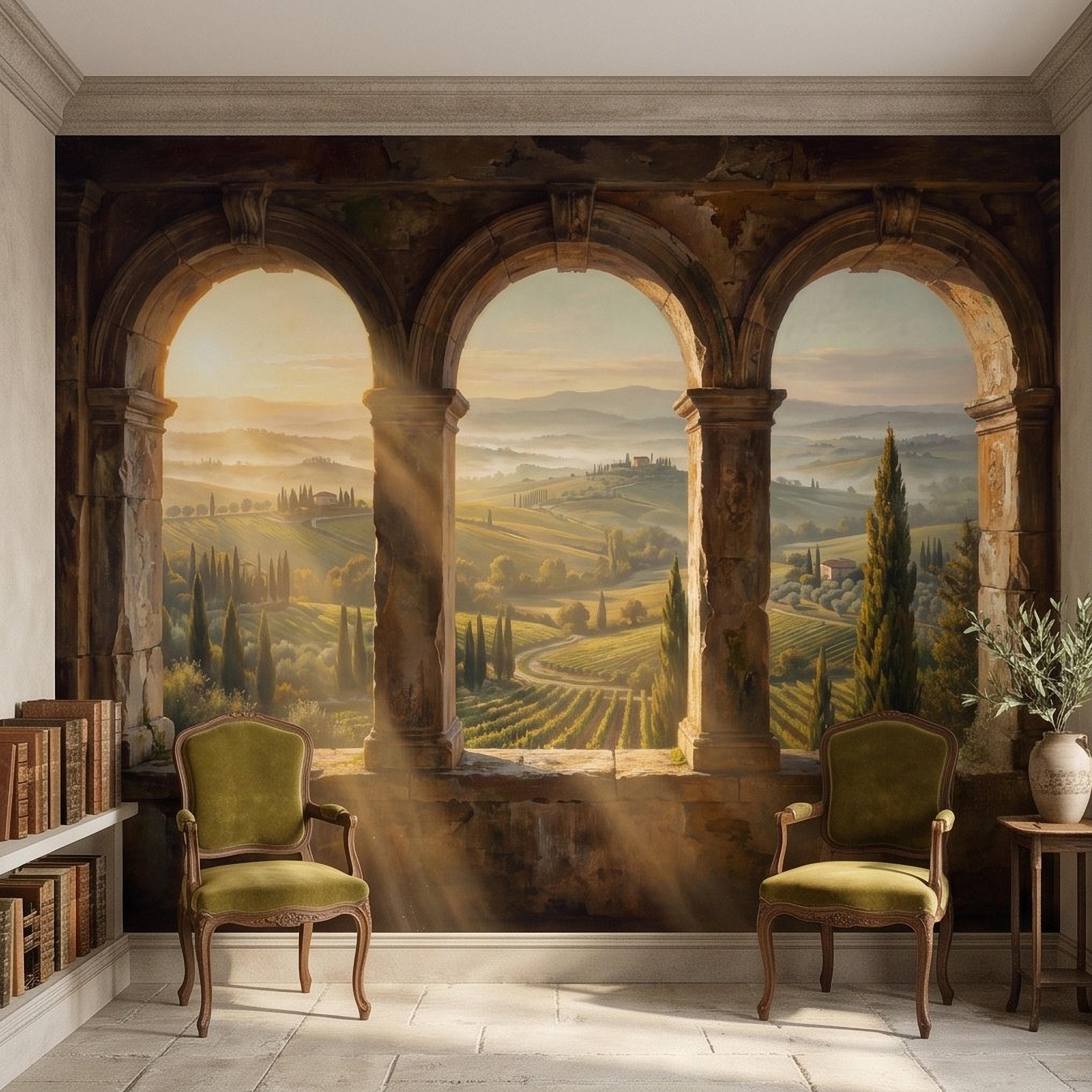 Tuscan Valley Peel and Stick Wall Mural, Italian Vineyard Stone Arches Cypress Trees Golden Sunrise Vintage Scenic Painting Wallpaper