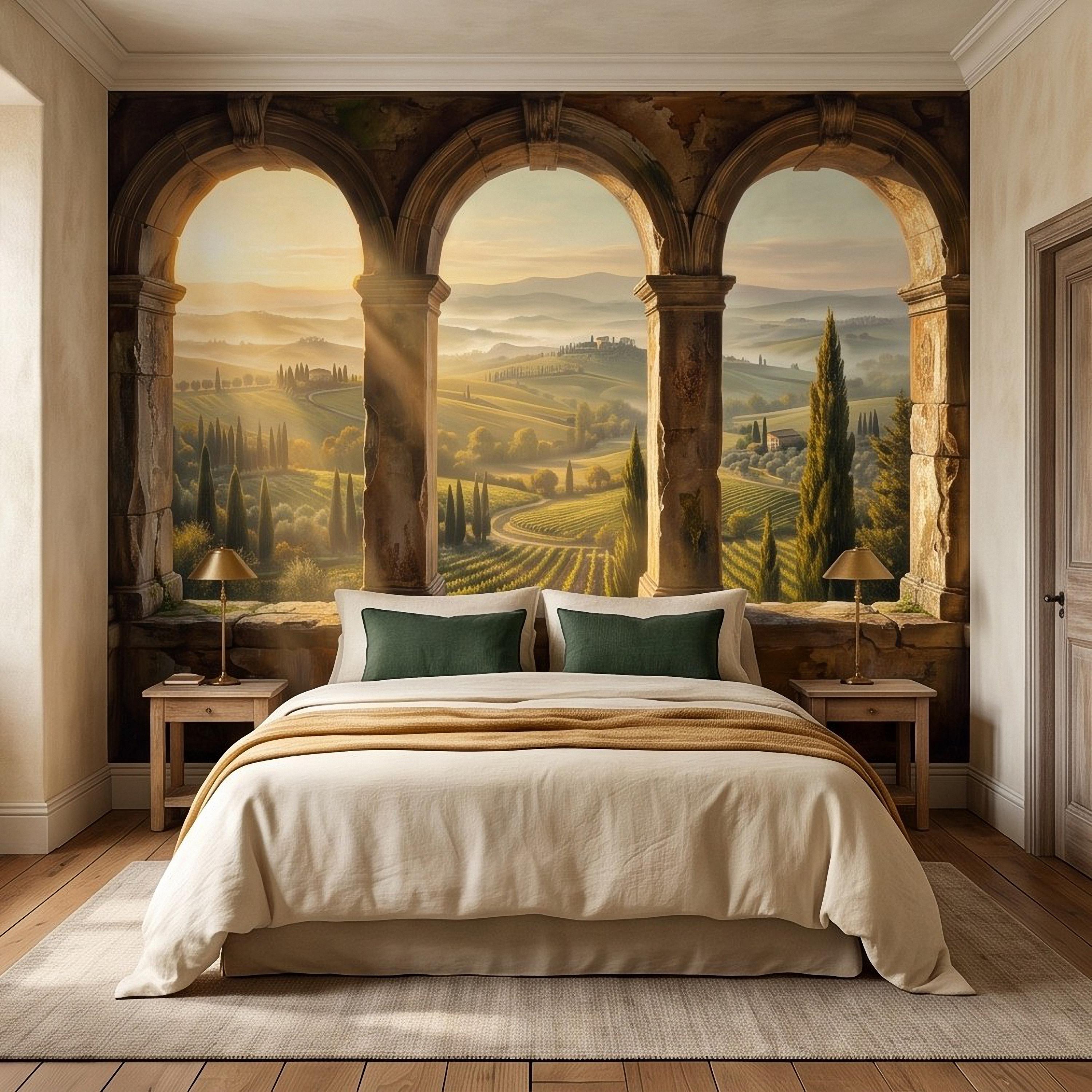 Tuscan Valley Peel and Stick Wall Mural, Italian Vineyard Stone Arches Cypress Trees Golden Sunrise Vintage Scenic Painting Wallpaper