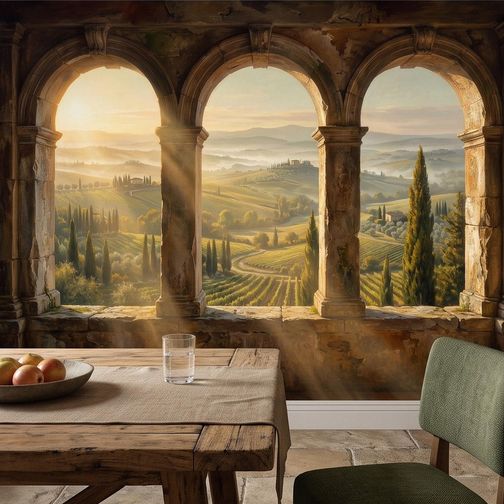 Tuscan Valley Peel and Stick Wall Mural, Italian Vineyard Stone Arches Cypress Trees Golden Sunrise Vintage Scenic Painting Wallpaper
