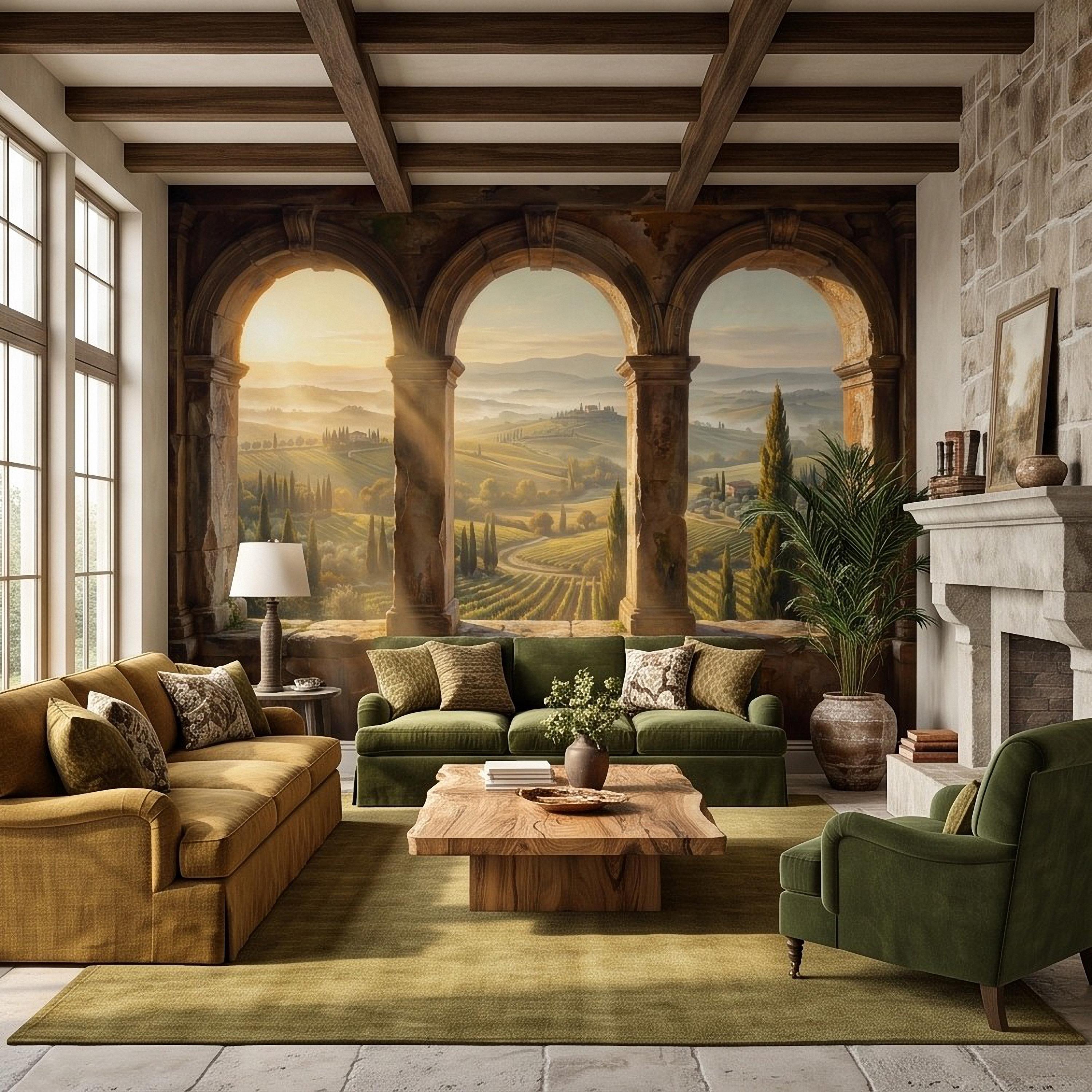 Tuscan Valley Peel and Stick Wall Mural, Italian Vineyard Stone Arches Cypress Trees Golden Sunrise Vintage Scenic Painting Wallpaper