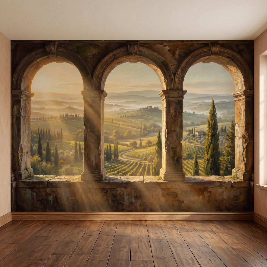 Tuscan Valley Peel and Stick Wall Mural, Italian Vineyard Stone Arches Cypress Trees Golden Sunrise Vintage Scenic Painting Wallpaper