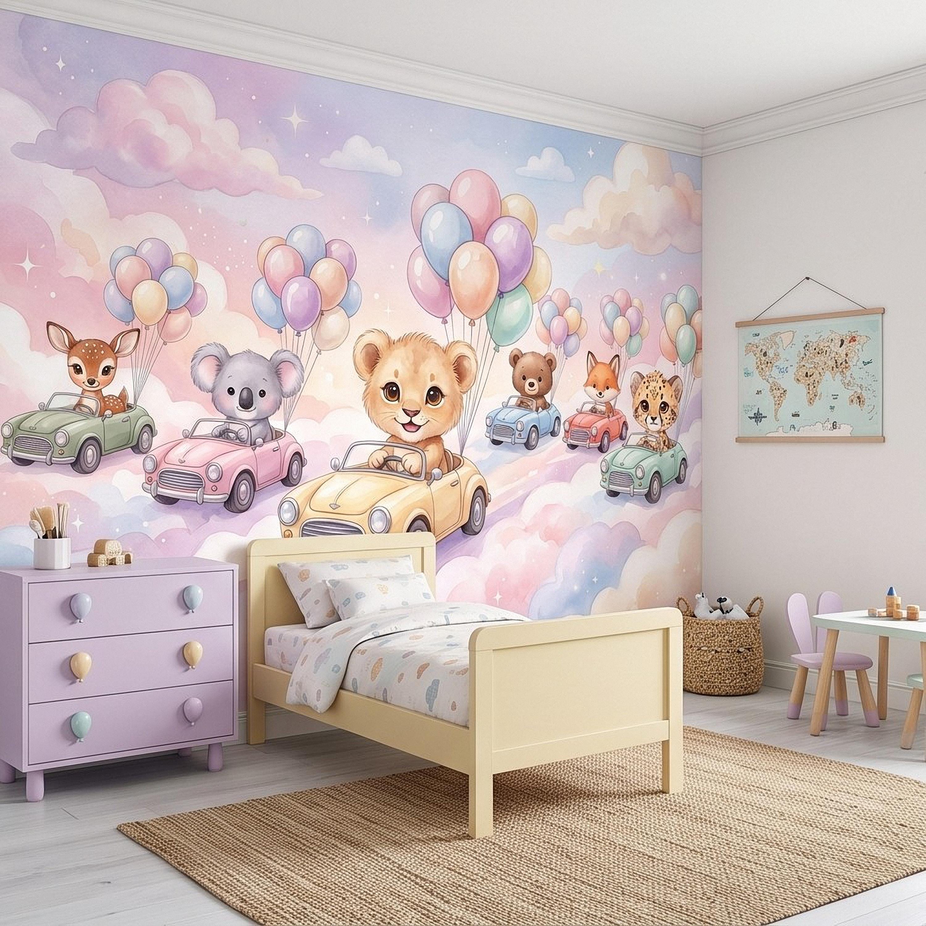 Baby Animals in Cars Peel and Stick Wall Mural, Pastel Balloons and Clouds Dreamy Sky Adventure Watercolor Storybook Kids Wallpaper