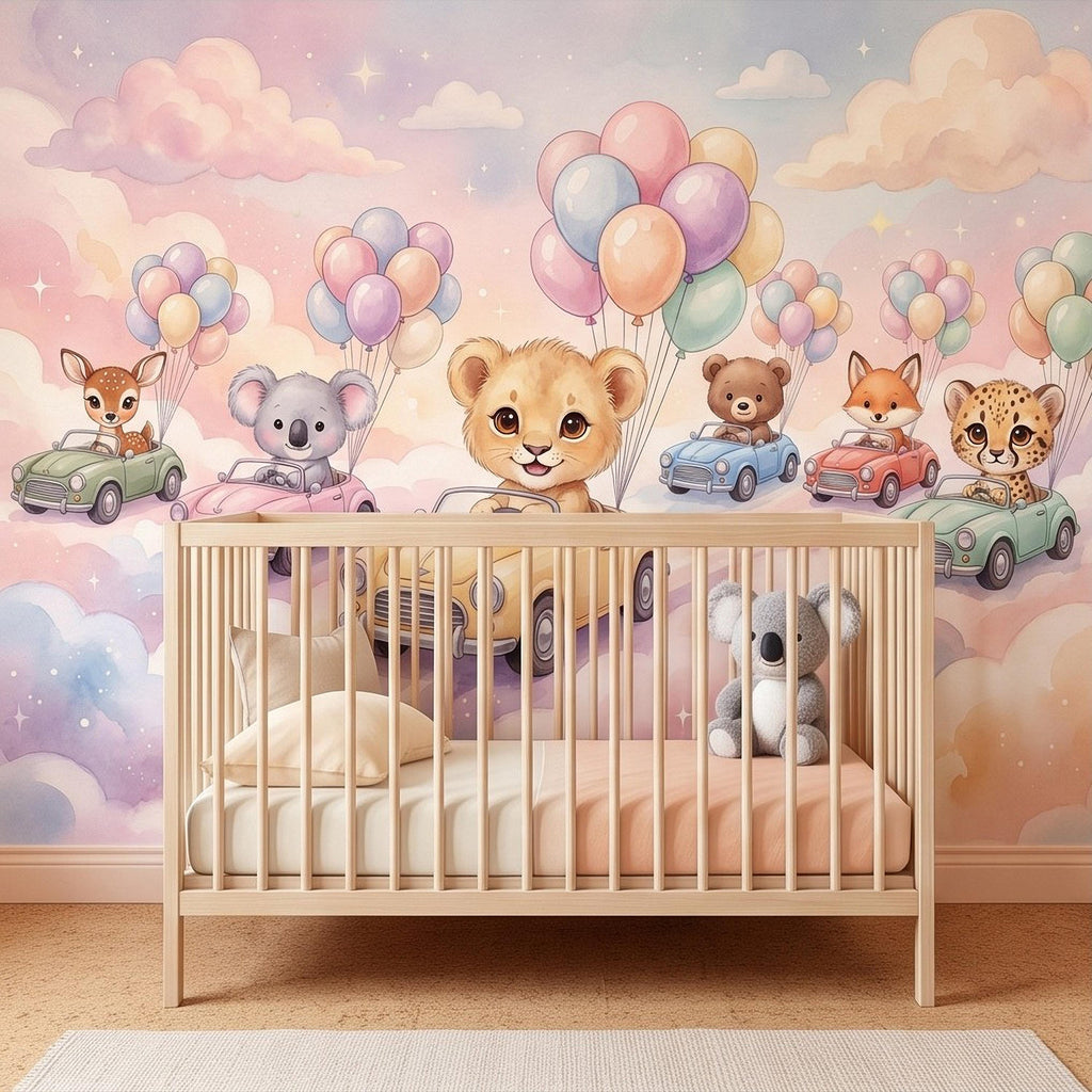 Baby Animals in Cars Peel and Stick Wall Mural, Pastel Balloons and Clouds Dreamy Sky Adventure Watercolor Storybook Kids Wallpaper