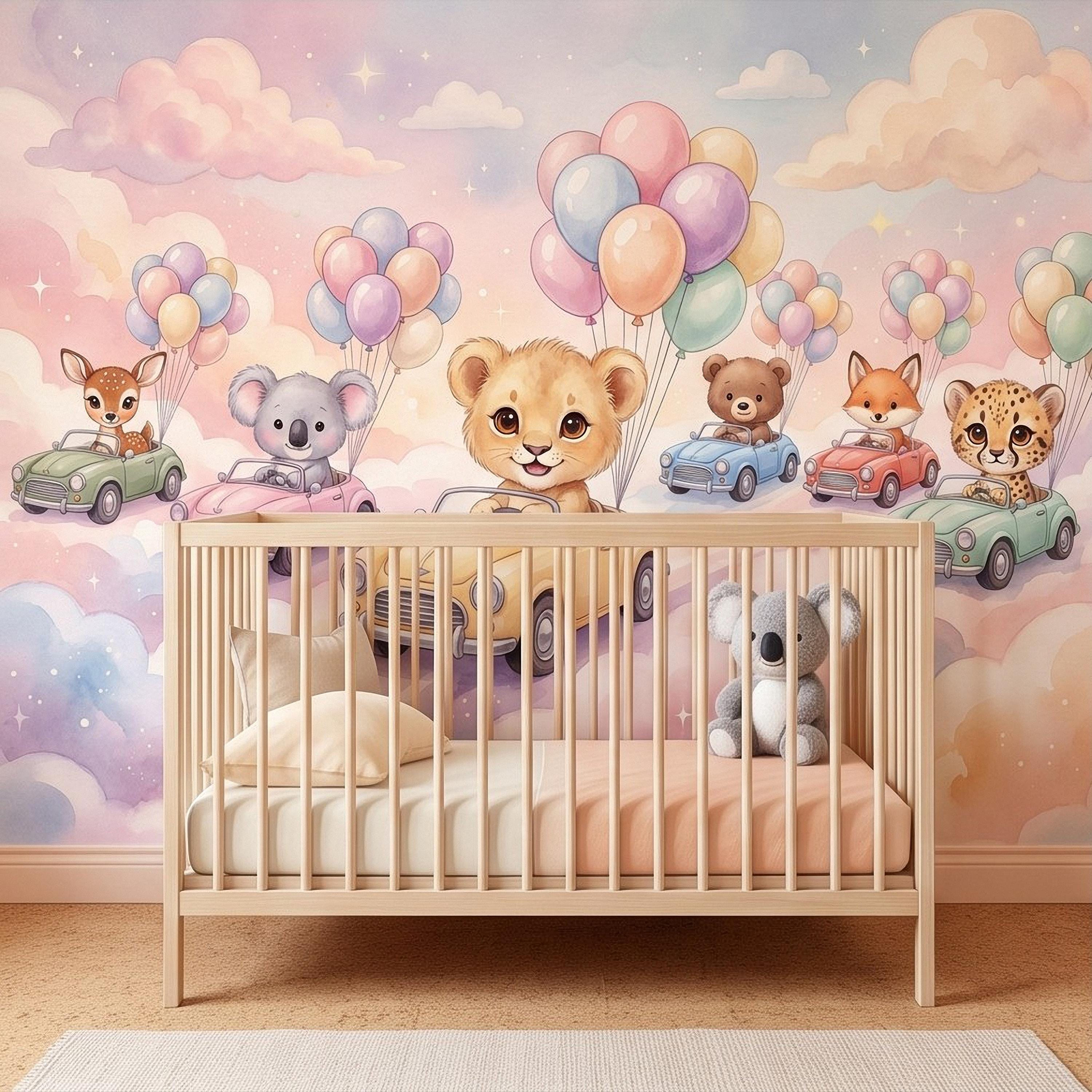 Baby Animals in Cars Peel and Stick Wall Mural, Pastel Balloons and Clouds Dreamy Sky Adventure Watercolor Storybook Kids Wallpaper
