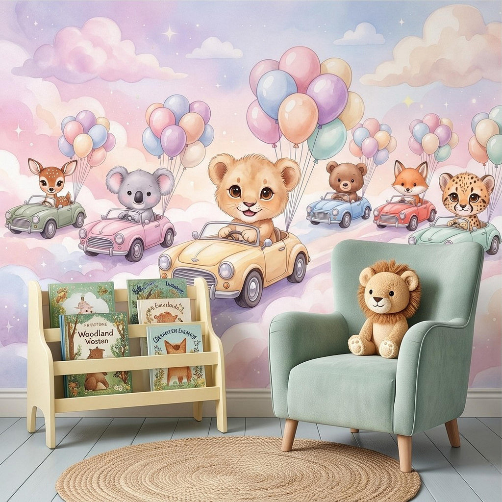 Baby Animals in Cars Peel and Stick Wall Mural, Pastel Balloons and Clouds Dreamy Sky Adventure Watercolor Storybook Kids Wallpaper