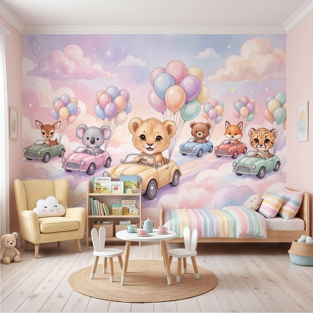 Baby Animals in Cars Peel and Stick Wall Mural, Pastel Balloons and Clouds Dreamy Sky Adventure Watercolor Storybook Kids Wallpaper