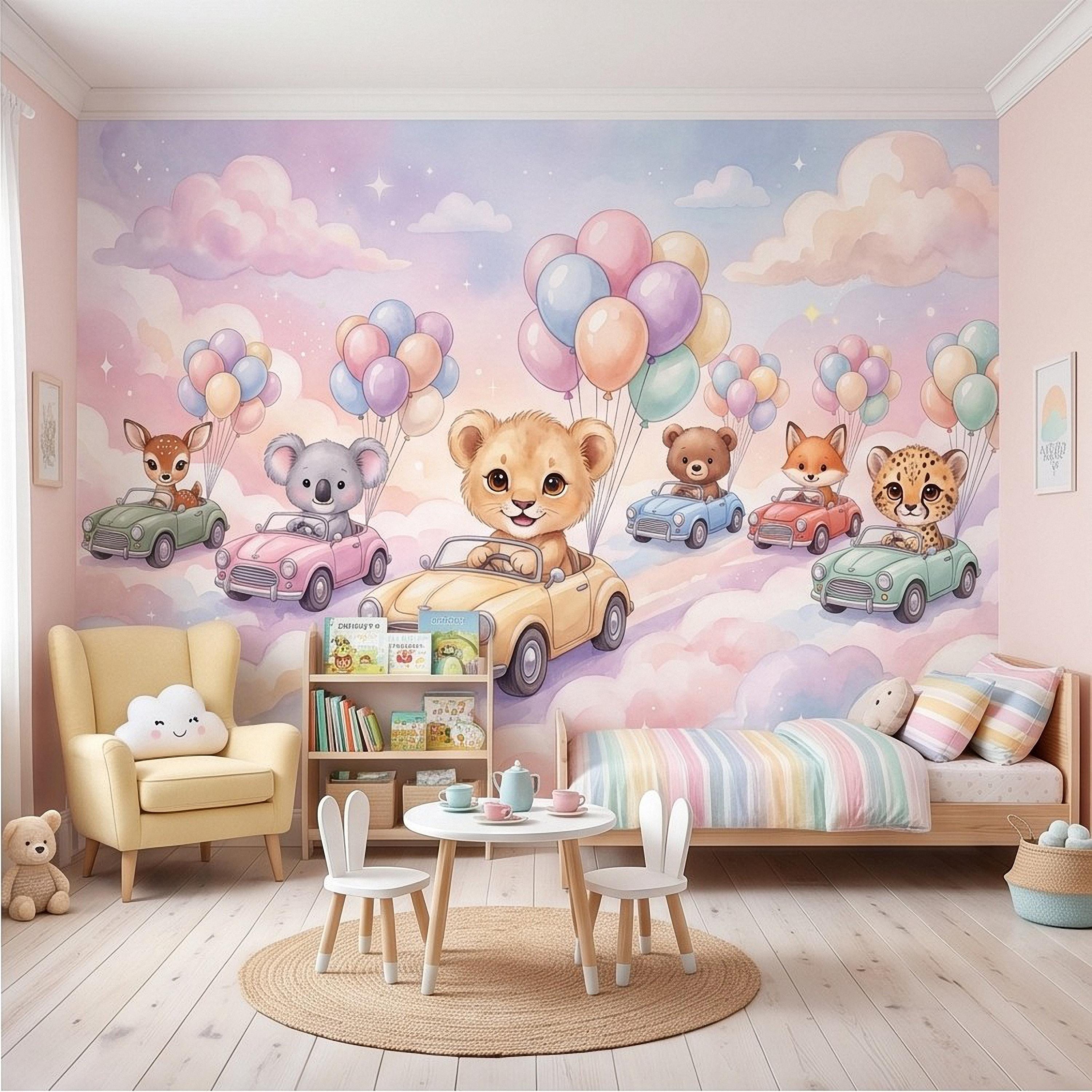 Baby Animals in Cars Peel and Stick Wall Mural, Pastel Balloons and Clouds Dreamy Sky Adventure Watercolor Storybook Kids Wallpaper