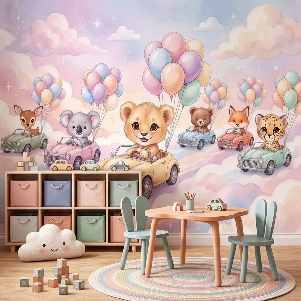 Baby Animals in Cars Peel and Stick Wall Mural, Pastel Balloons and Clouds Dreamy Sky Adventure Watercolor Storybook Kids Wallpaper