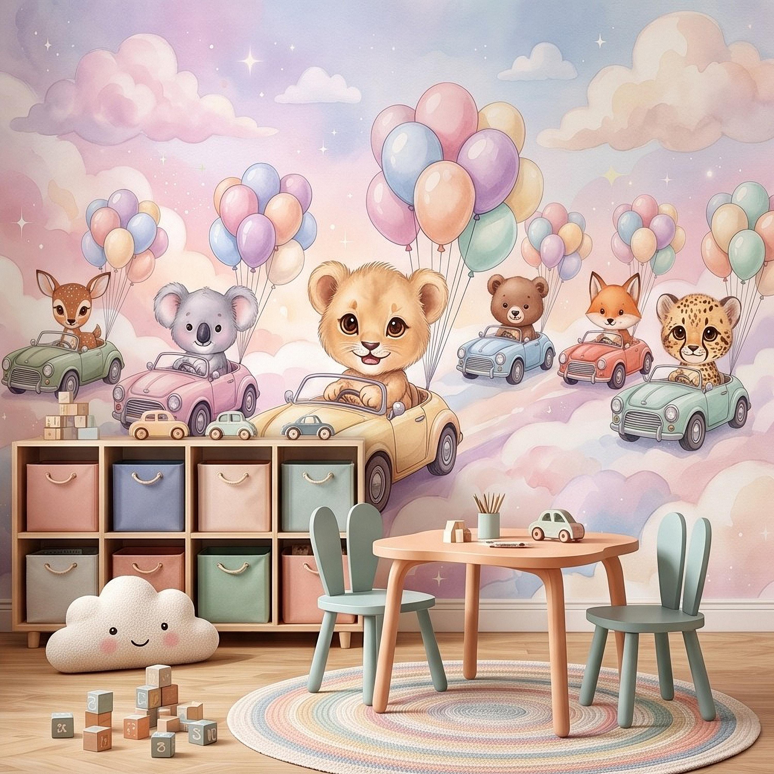 Baby Animals in Cars Peel and Stick Wall Mural, Pastel Balloons and Clouds Dreamy Sky Adventure Watercolor Storybook Kids Wallpaper