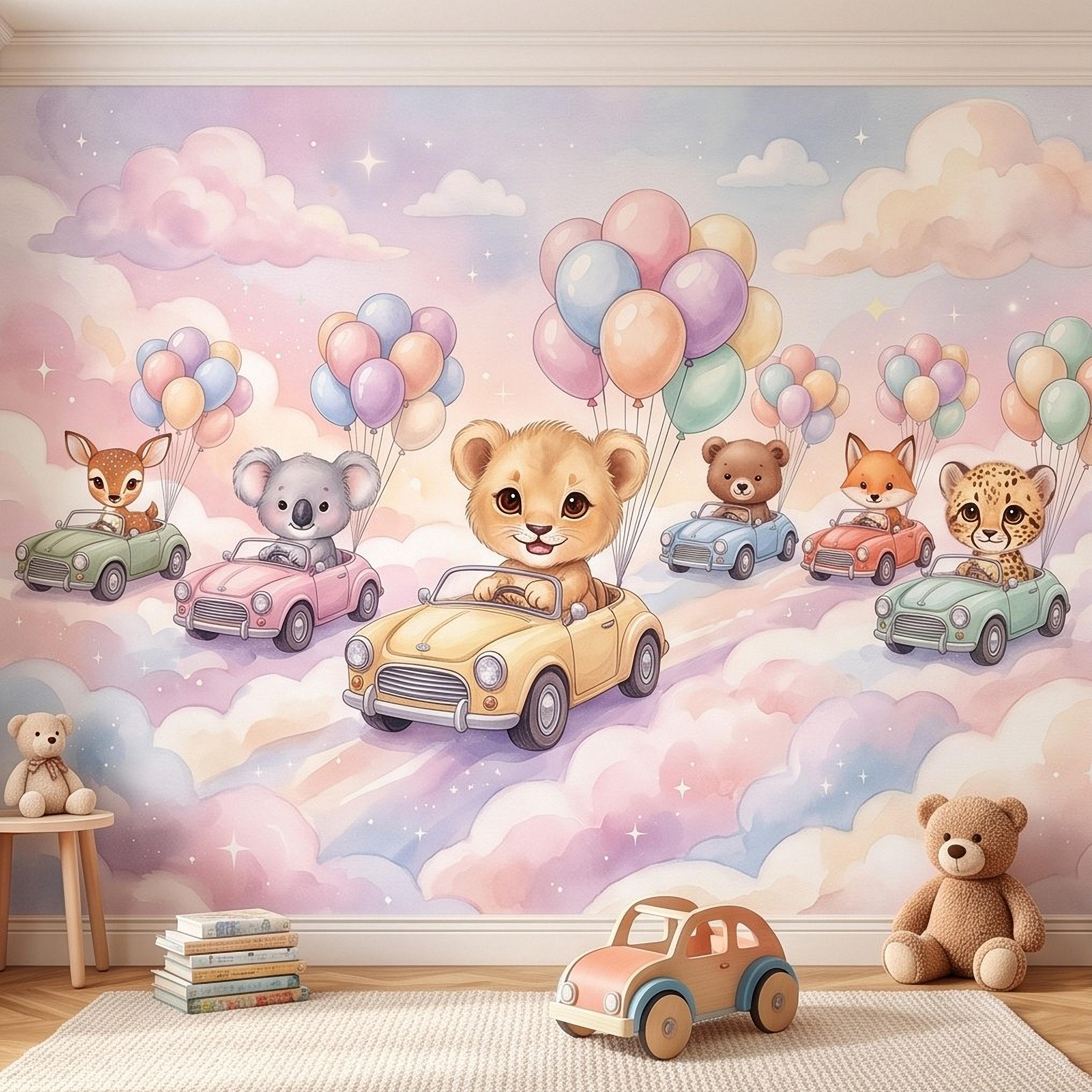 Baby Animals in Cars Peel and Stick Wall Mural, Pastel Balloons and Clouds Dreamy Sky Adventure Watercolor Storybook Kids Wallpaper