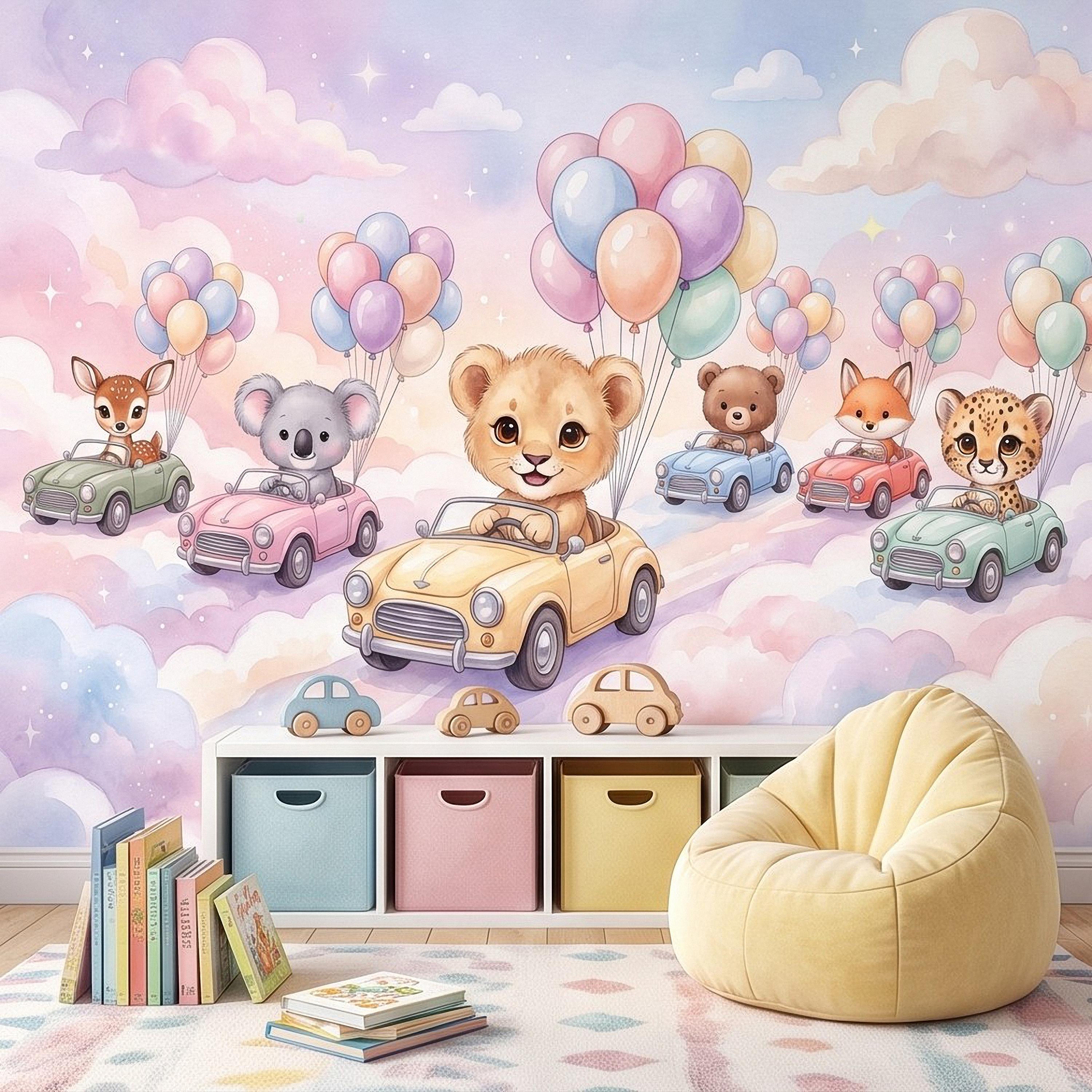 Baby Animals in Cars Peel and Stick Wall Mural, Pastel Balloons and Clouds Dreamy Sky Adventure Watercolor Storybook Kids Wallpaper