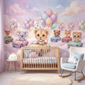 Baby Animals in Cars Peel and Stick Wall Mural, Pastel Balloons and Clouds Dreamy Sky Adventure Watercolor Storybook Kids Wallpaper