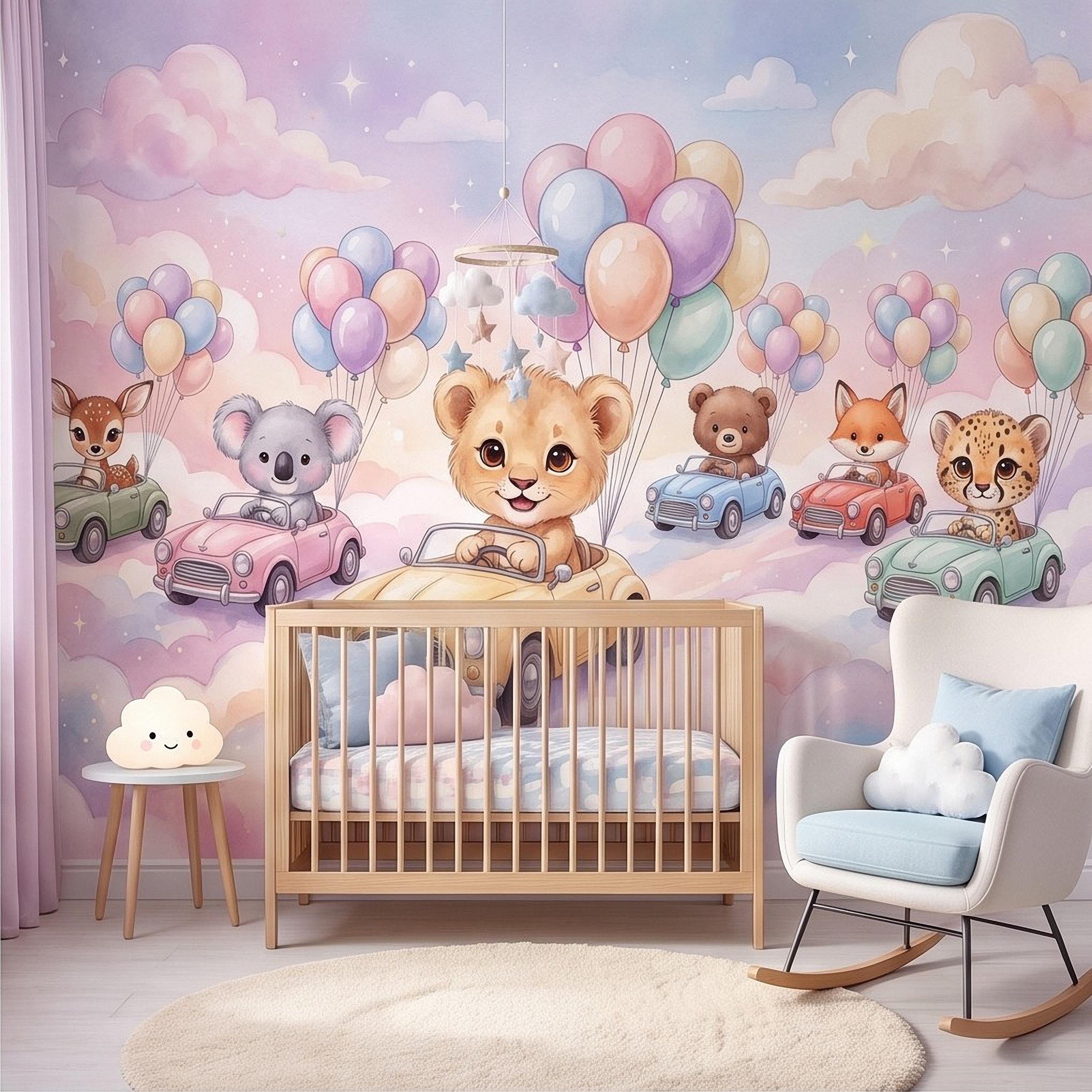 Baby Animals in Cars Peel and Stick Wall Mural, Pastel Balloons and Clouds Dreamy Sky Adventure Watercolor Storybook Kids Wallpaper
