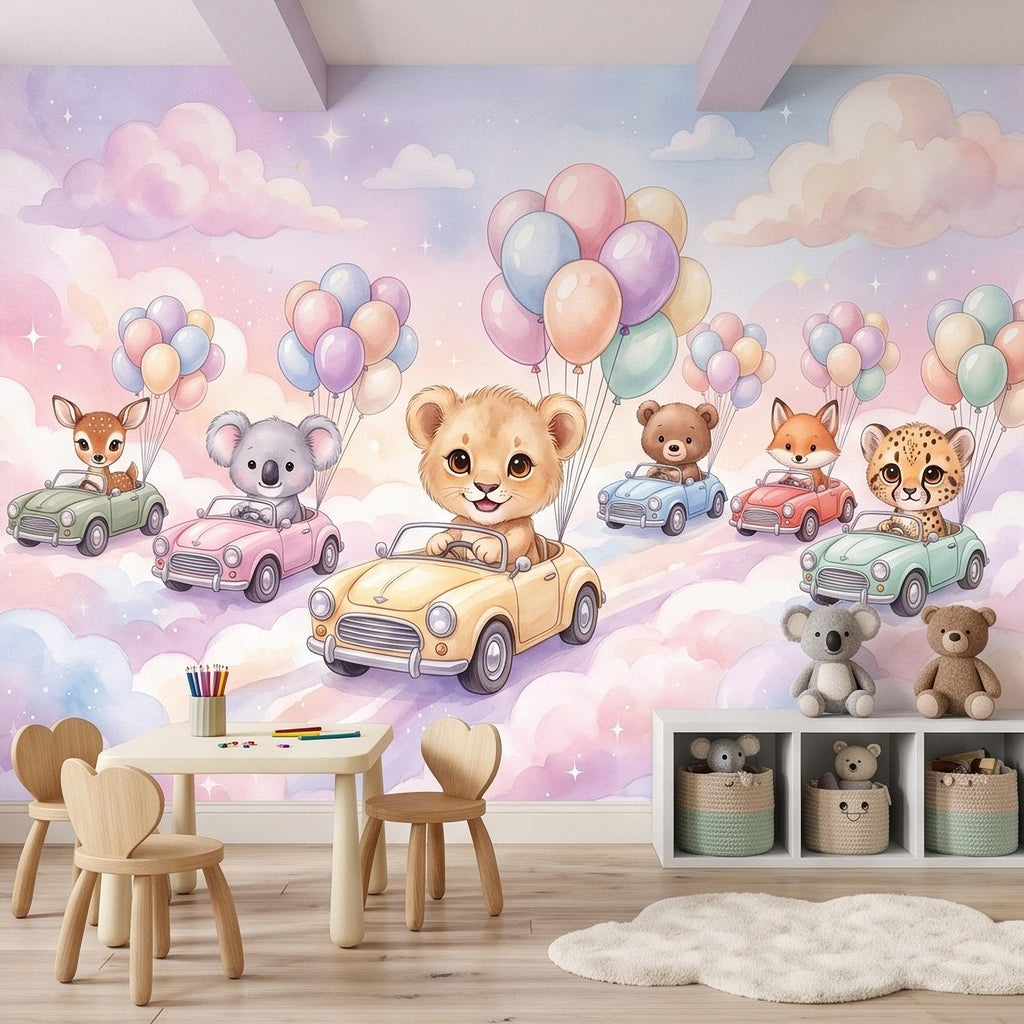 Baby Animals in Cars Peel and Stick Wall Mural, Pastel Balloons and Clouds Dreamy Sky Adventure Watercolor Storybook Kids Wallpaper