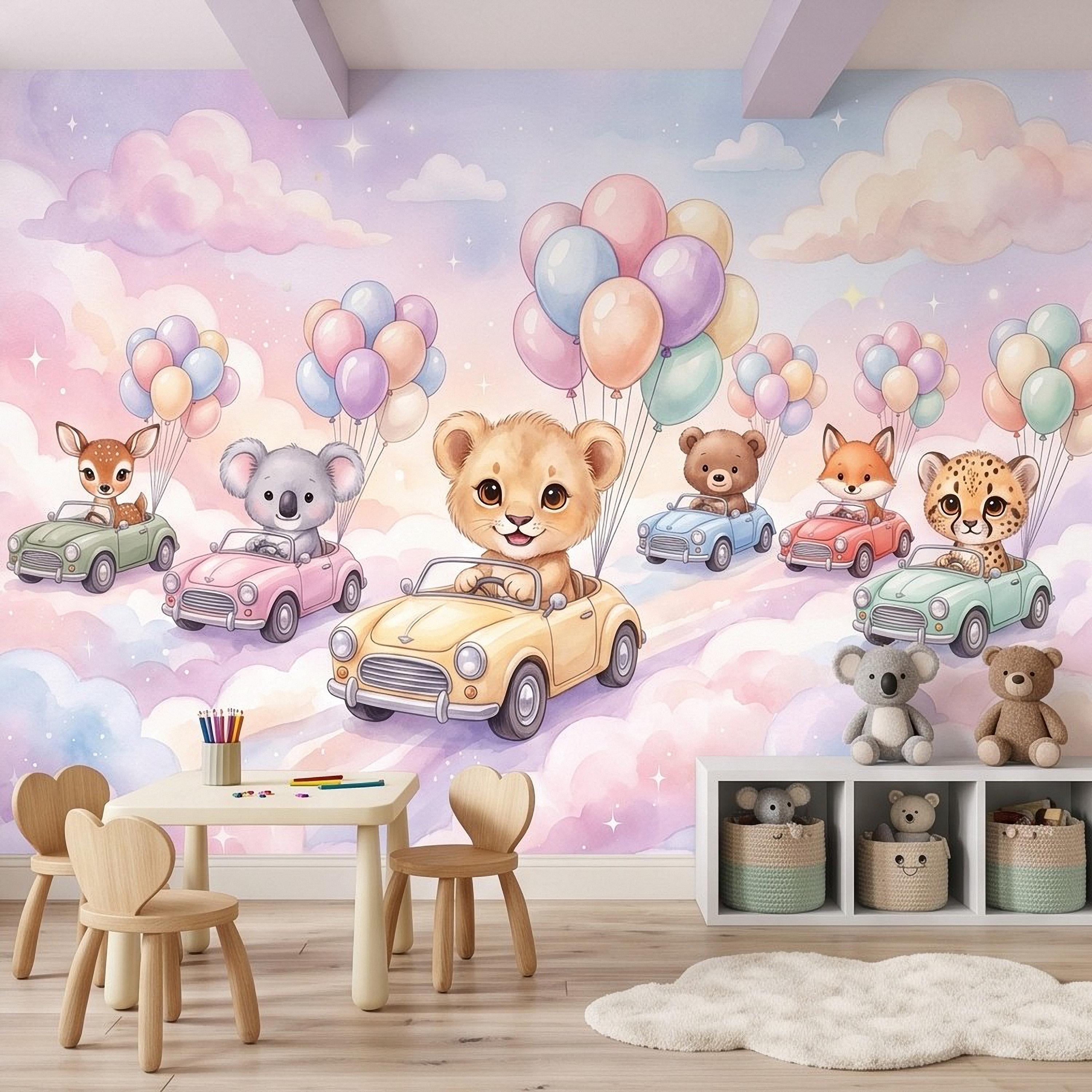Baby Animals in Cars Peel and Stick Wall Mural, Pastel Balloons and Clouds Dreamy Sky Adventure Watercolor Storybook Kids Wallpaper