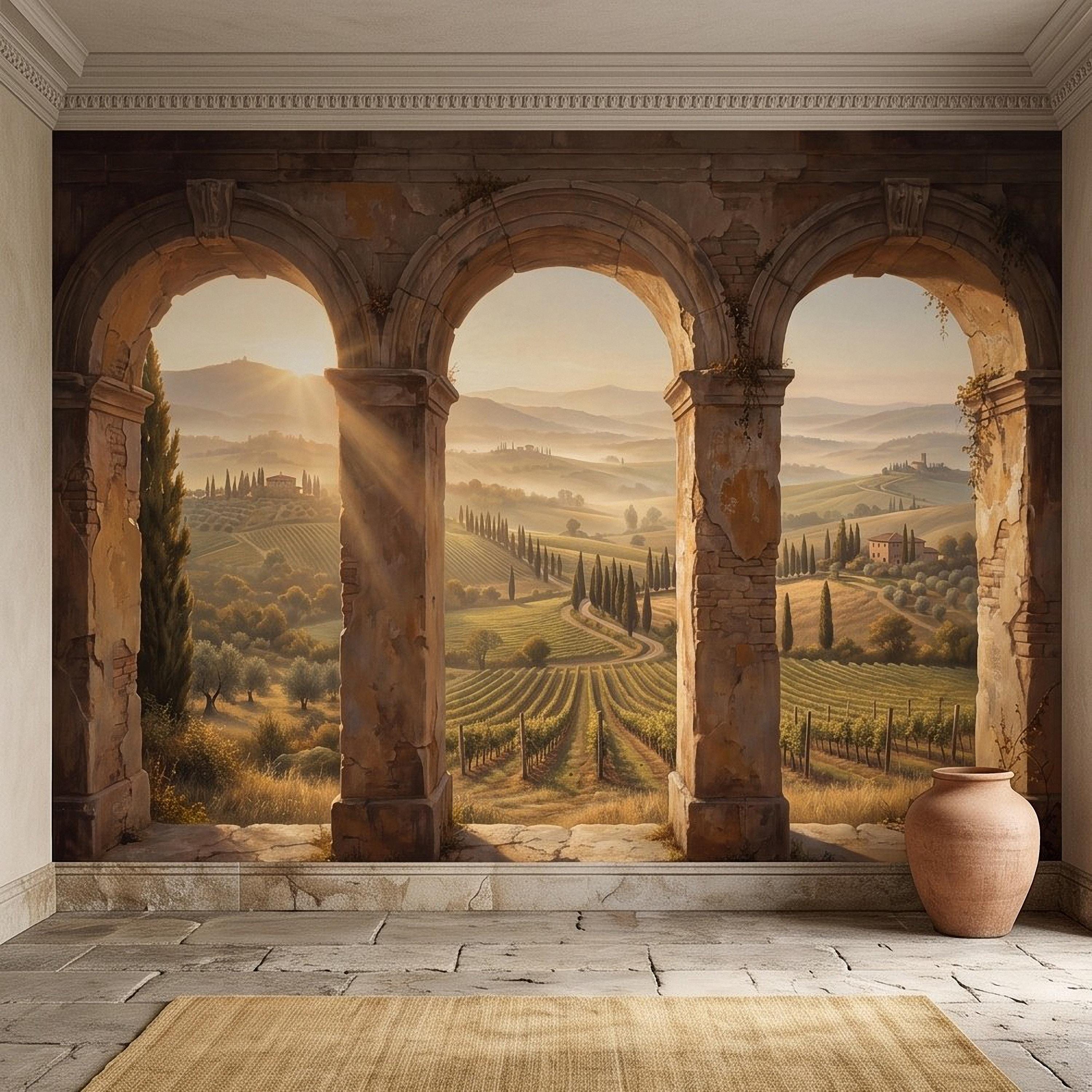 Tuscan Vineyard Peel and Stick Wall Mural, Italian Countryside Stone Arches Cypress Trees Golden Sunrise Scenic Vintage Painting Wallpaper