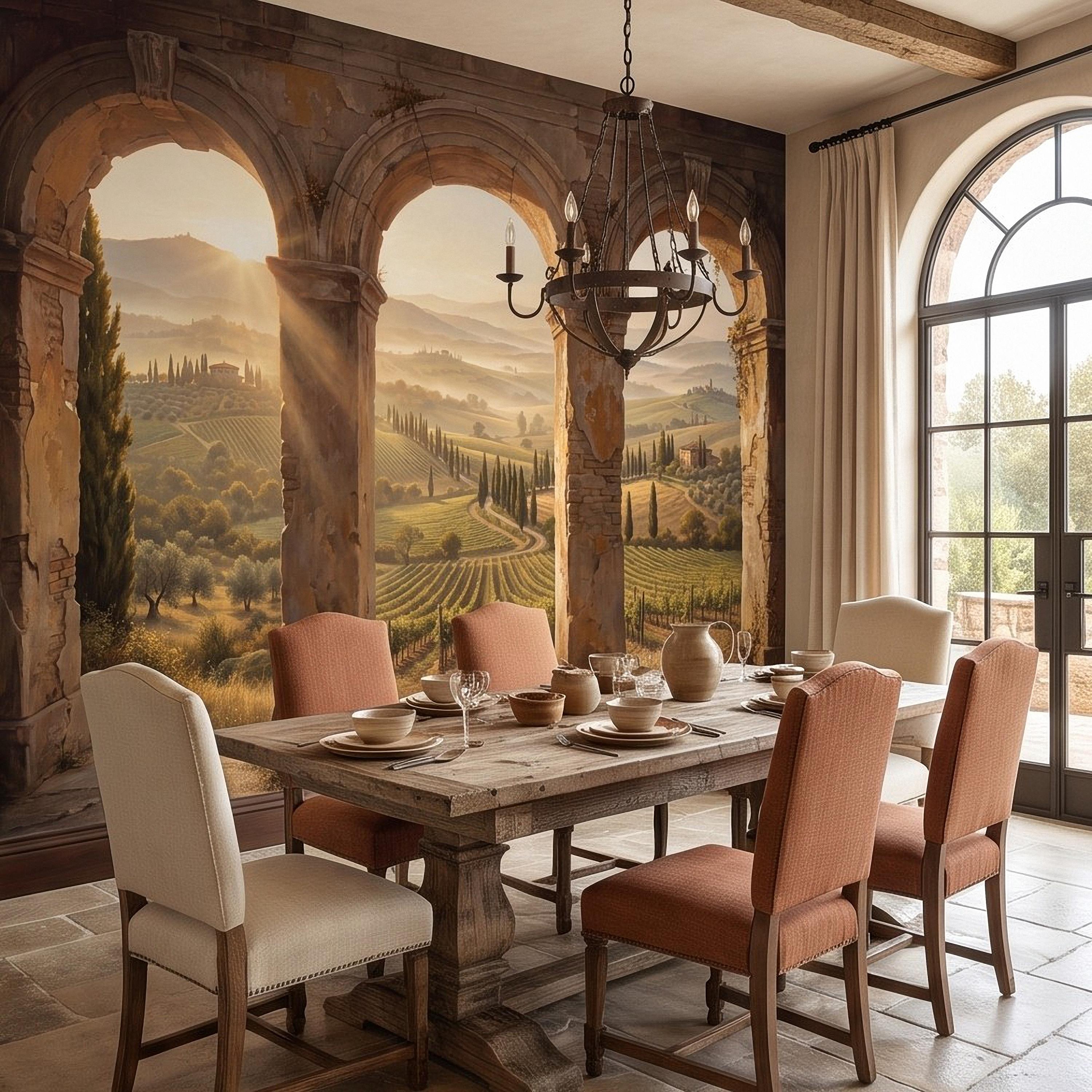 Tuscan Vineyard Peel and Stick Wall Mural, Italian Countryside Stone Arches Cypress Trees Golden Sunrise Scenic Vintage Painting Wallpaper