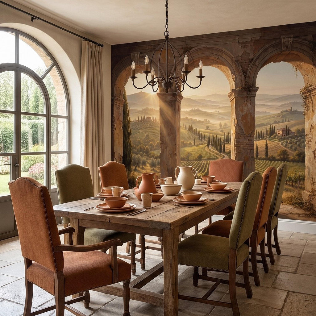 Tuscan Vineyard Peel and Stick Wall Mural, Italian Countryside Stone Arches Cypress Trees Golden Sunrise Scenic Vintage Painting Wallpaper