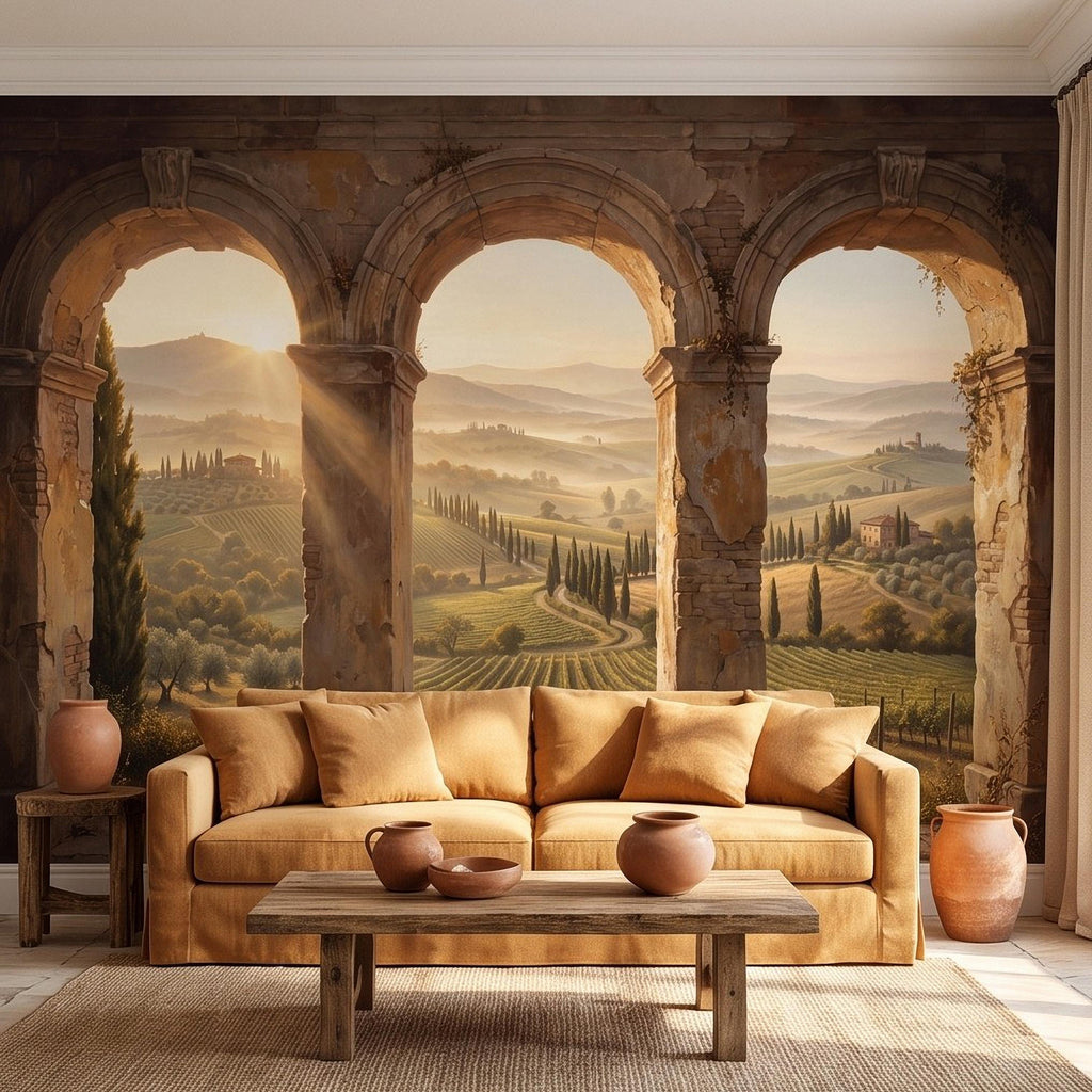 Tuscan Vineyard Peel and Stick Wall Mural, Italian Countryside Stone Arches Cypress Trees Golden Sunrise Scenic Vintage Painting Wallpaper