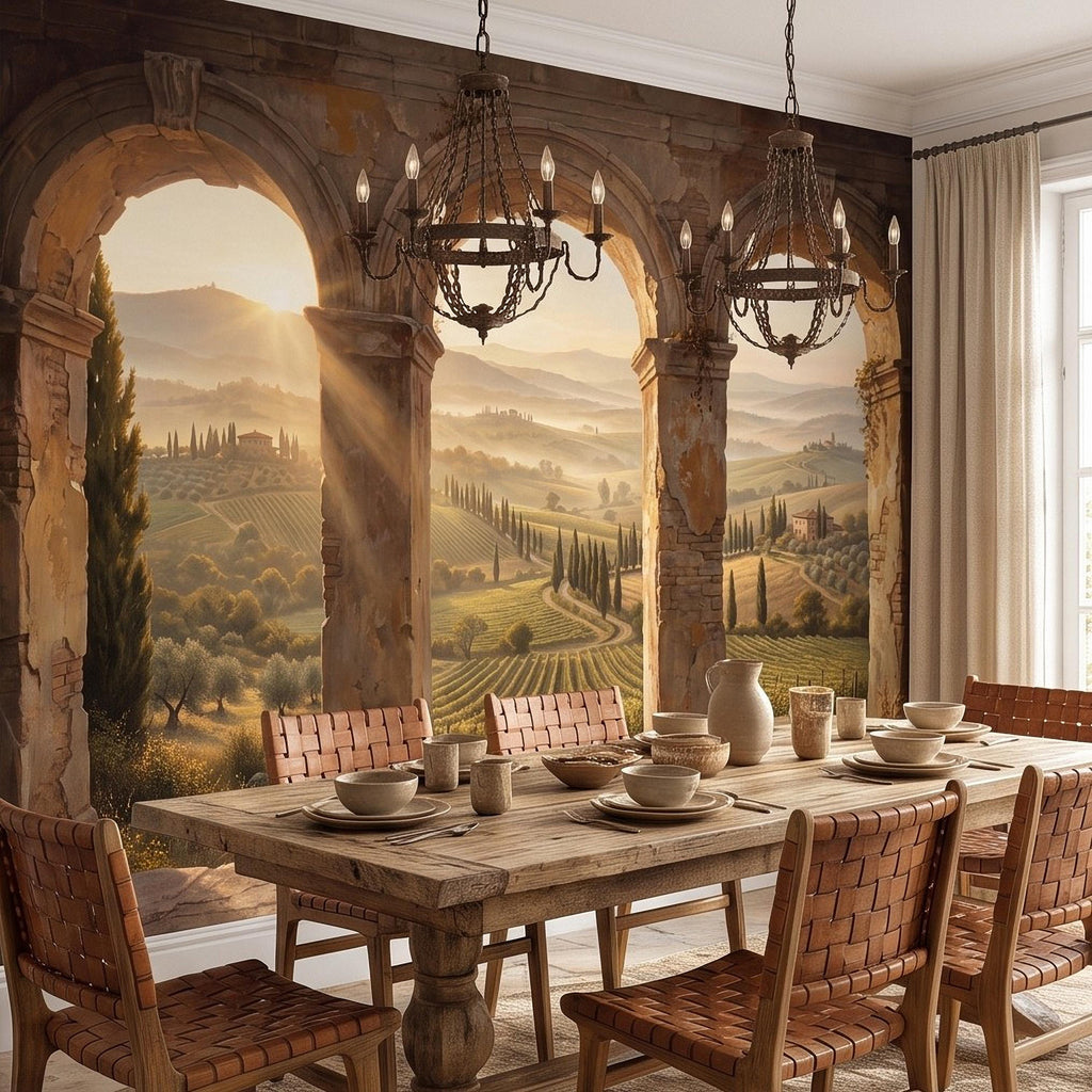 Tuscan Vineyard Peel and Stick Wall Mural, Italian Countryside Stone Arches Cypress Trees Golden Sunrise Scenic Vintage Painting Wallpaper
