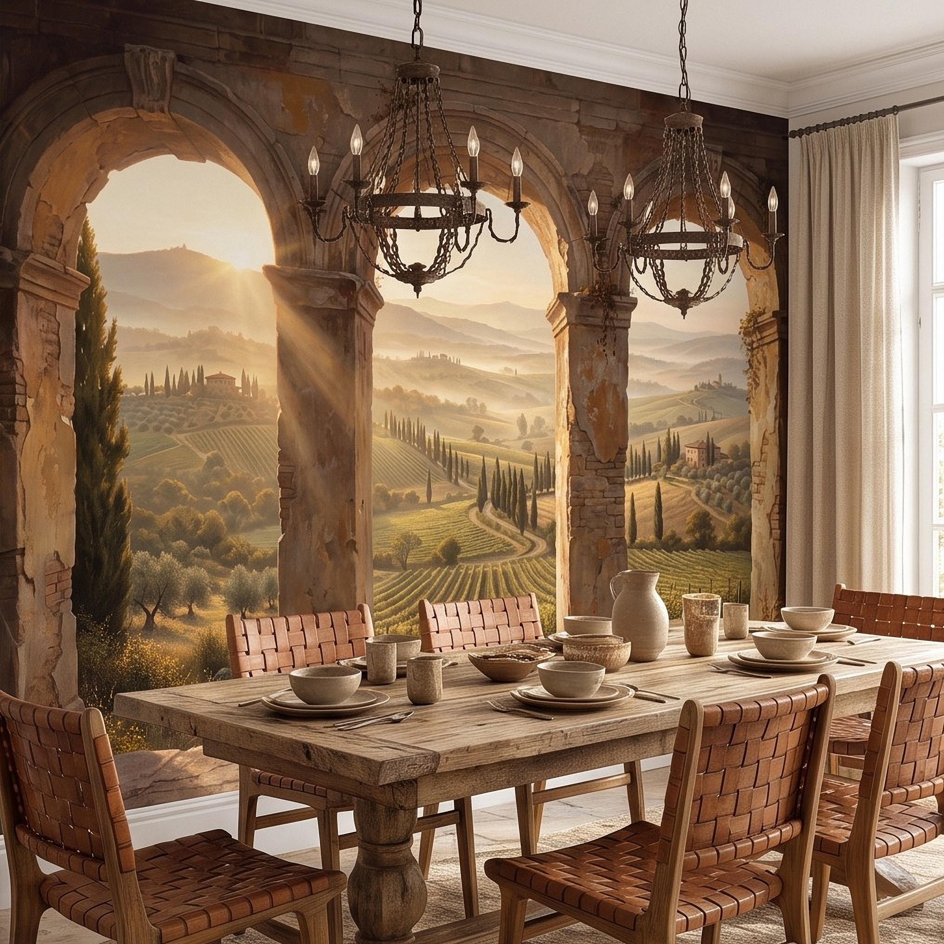 Tuscan Vineyard Peel and Stick Wall Mural, Italian Countryside Stone Arches Cypress Trees Golden Sunrise Scenic Vintage Painting Wallpaper