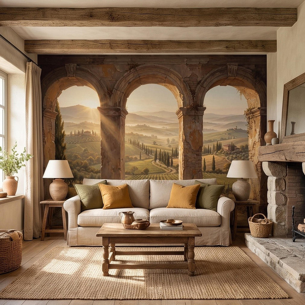 Tuscan Vineyard Peel and Stick Wall Mural, Italian Countryside Stone Arches Cypress Trees Golden Sunrise Scenic Vintage Painting Wallpaper
