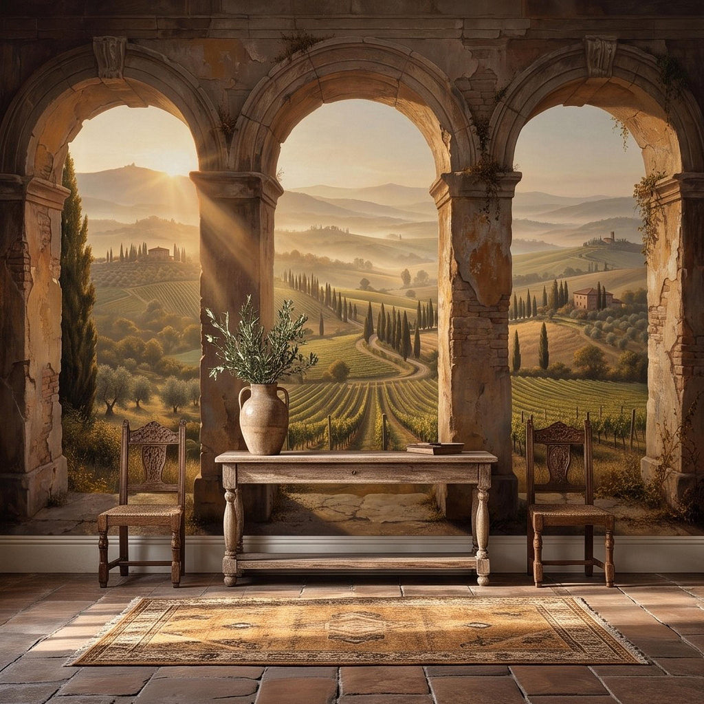 Tuscan Vineyard Peel and Stick Wall Mural, Italian Countryside Stone Arches Cypress Trees Golden Sunrise Scenic Vintage Painting Wallpaper