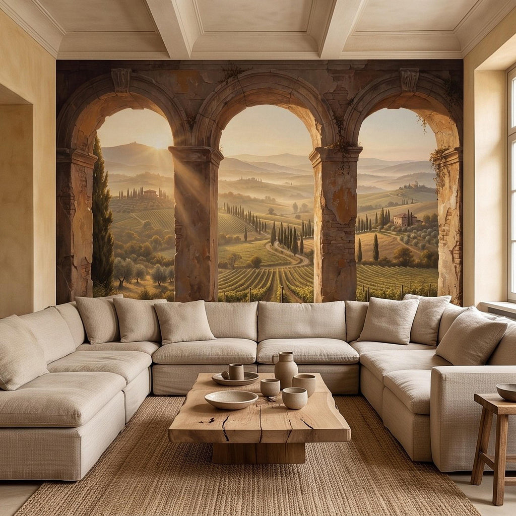 Tuscan Vineyard Peel and Stick Wall Mural, Italian Countryside Stone Arches Cypress Trees Golden Sunrise Scenic Vintage Painting Wallpaper