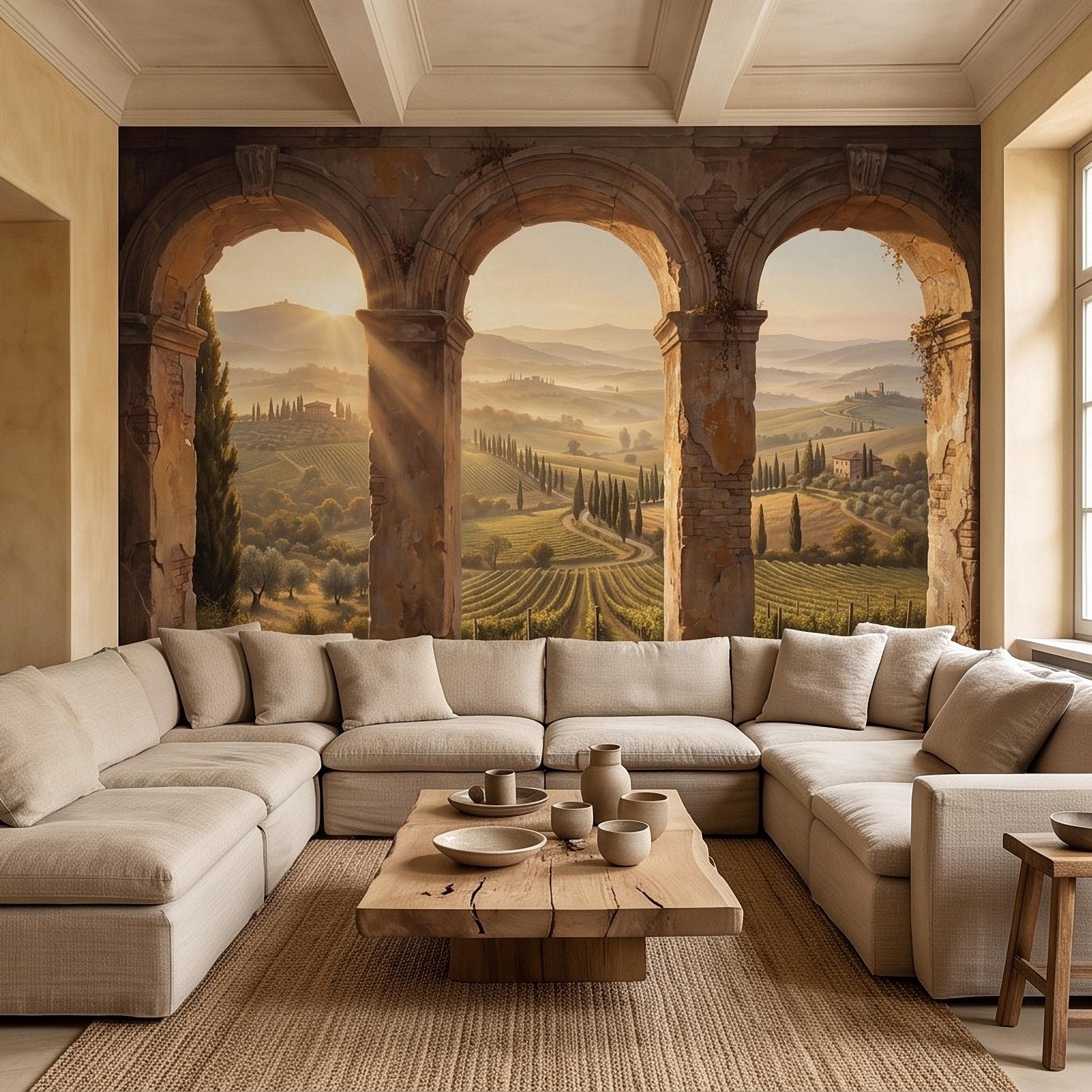 Tuscan Vineyard Peel and Stick Wall Mural, Italian Countryside Stone Arches Cypress Trees Golden Sunrise Scenic Vintage Painting Wallpaper