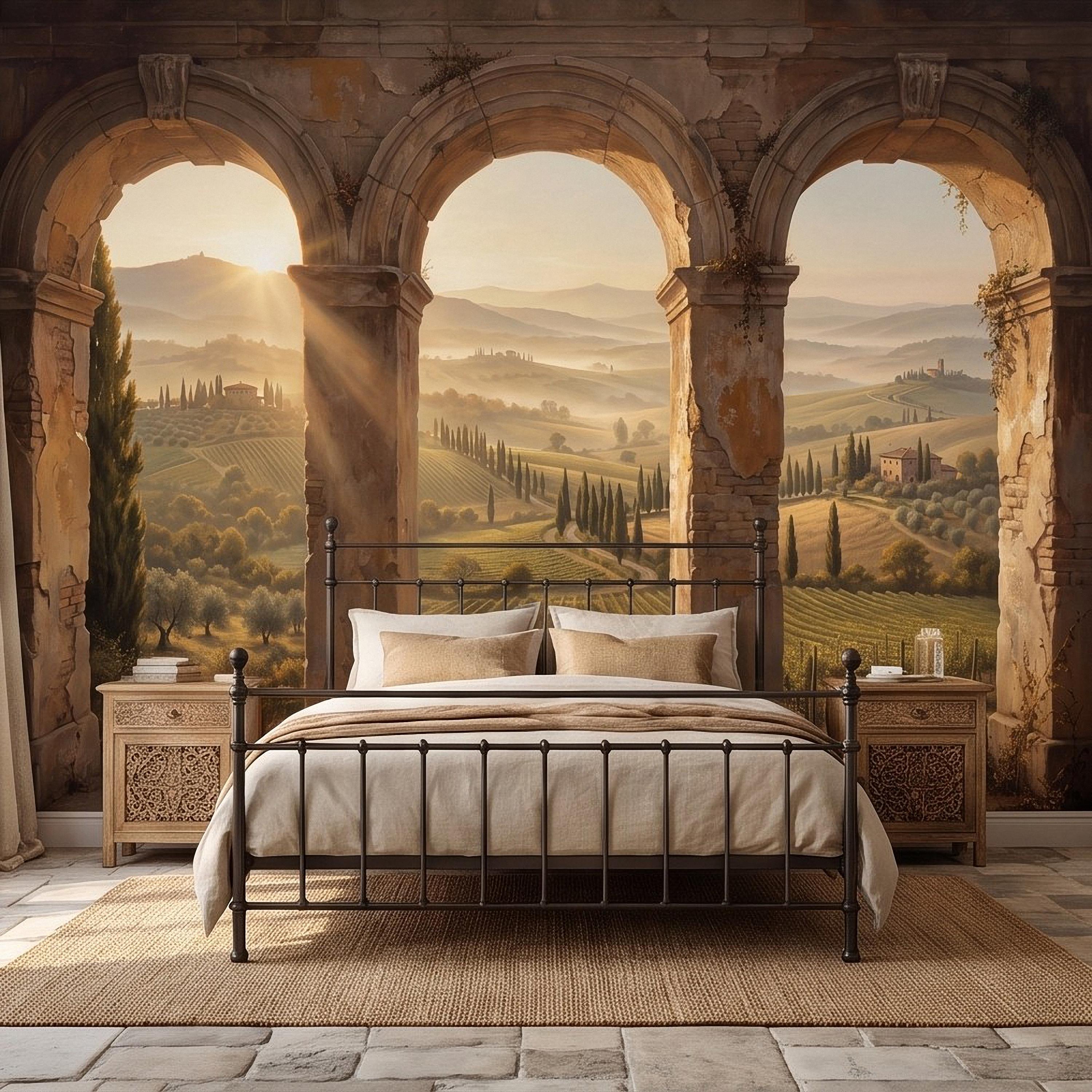 Tuscan Vineyard Peel and Stick Wall Mural, Italian Countryside Stone Arches Cypress Trees Golden Sunrise Scenic Vintage Painting Wallpaper