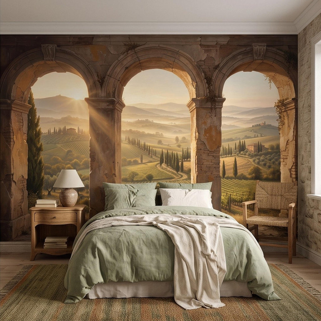 Tuscan Vineyard Peel and Stick Wall Mural, Italian Countryside Stone Arches Cypress Trees Golden Sunrise Scenic Vintage Painting Wallpaper