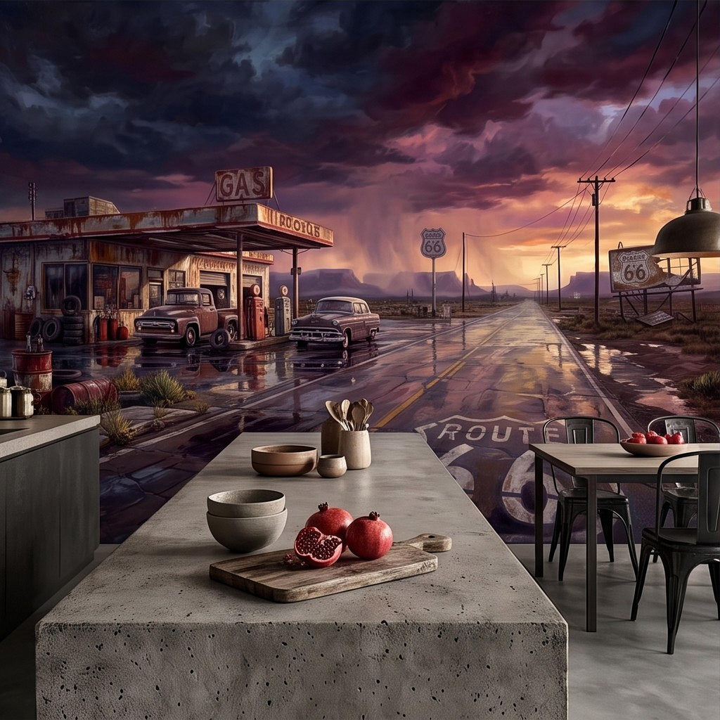 Vintage Route 66 Gas Station Peel and Stick Wall Mural, American Highway Desert Landscape Retro Cars Southwest Rustic Western Wallpaper