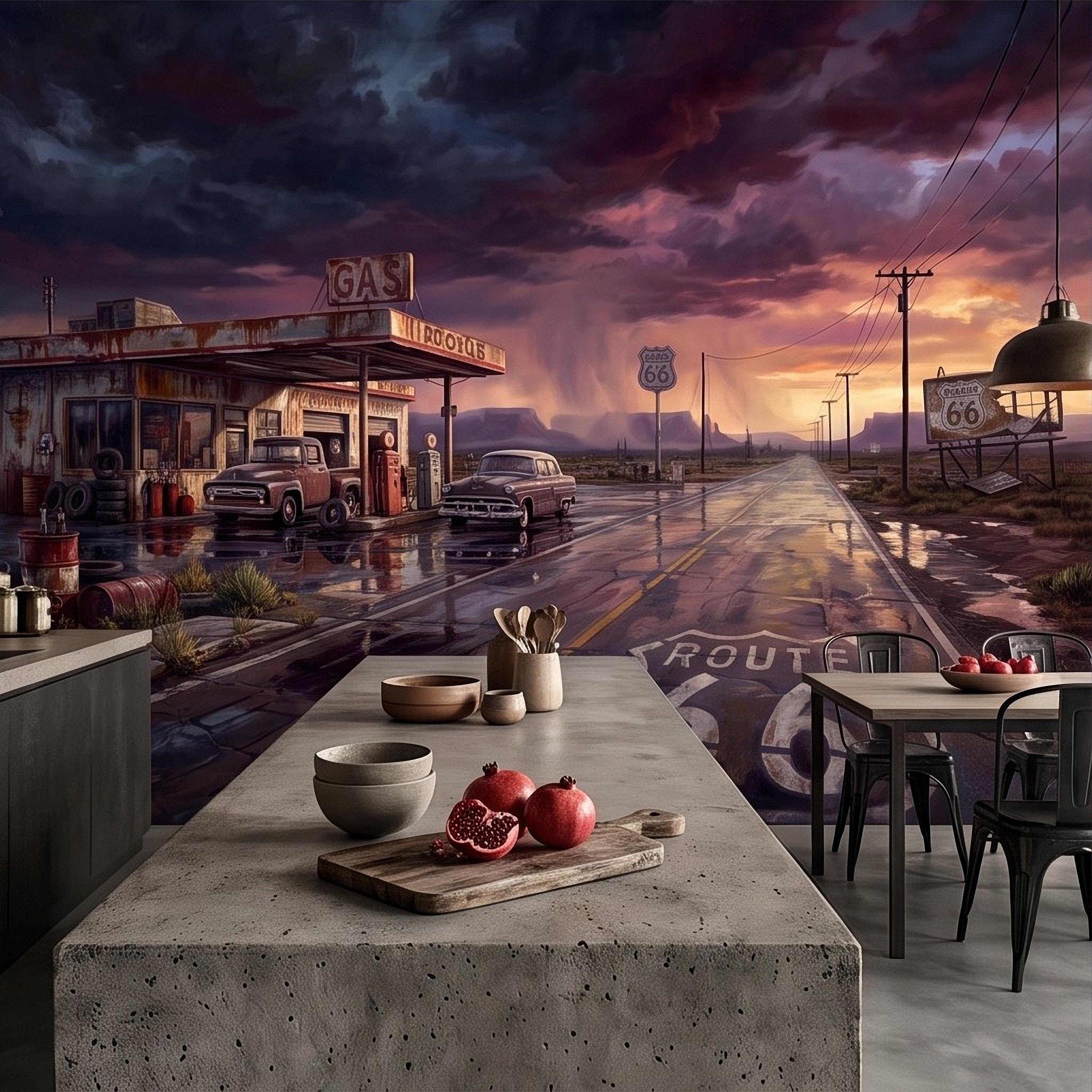 Vintage Route 66 Gas Station Peel and Stick Wall Mural, American Highway Desert Landscape Retro Cars Southwest Rustic Western Wallpaper