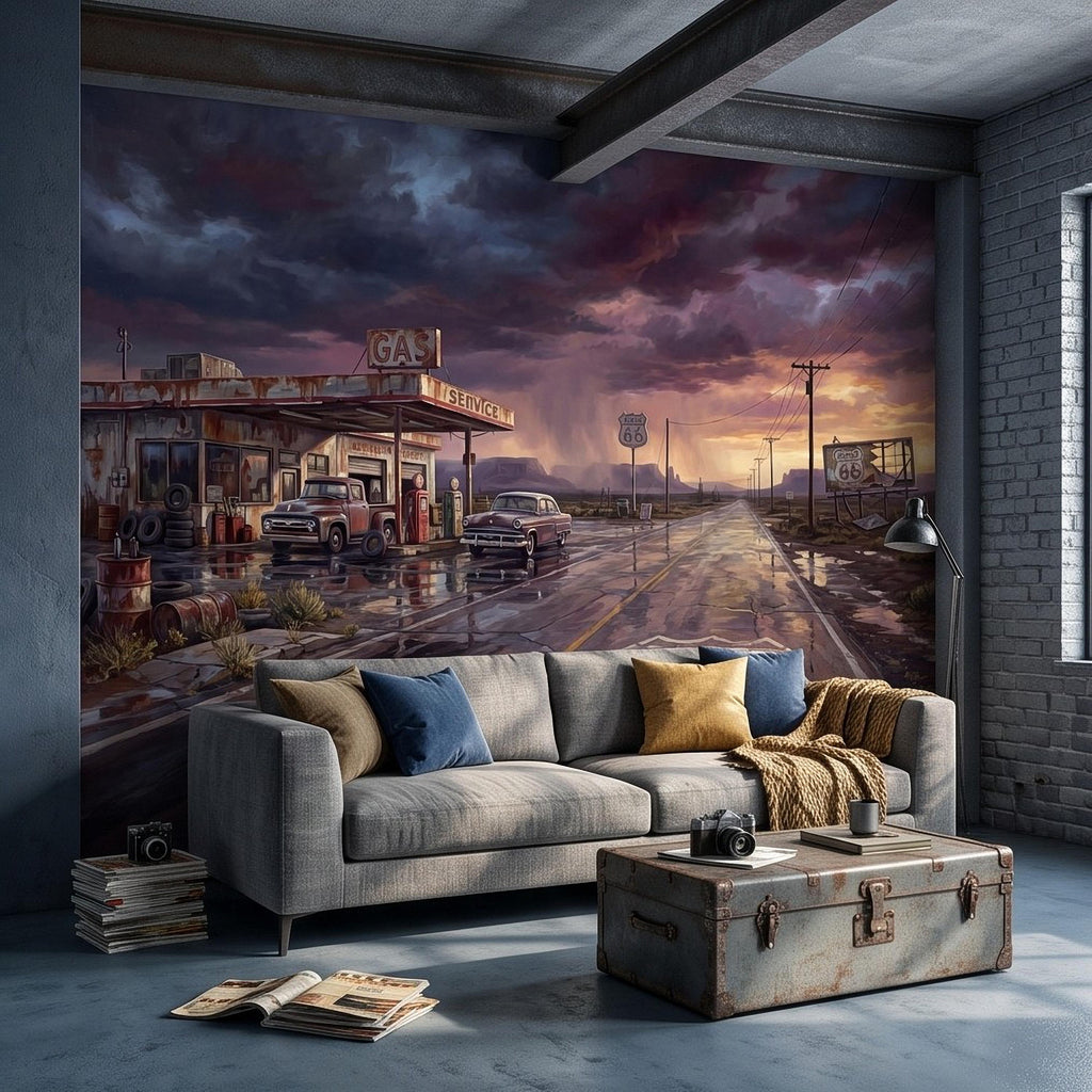 Vintage Route 66 Gas Station Peel and Stick Wall Mural, American Highway Desert Landscape Retro Cars Southwest Rustic Western Wallpaper