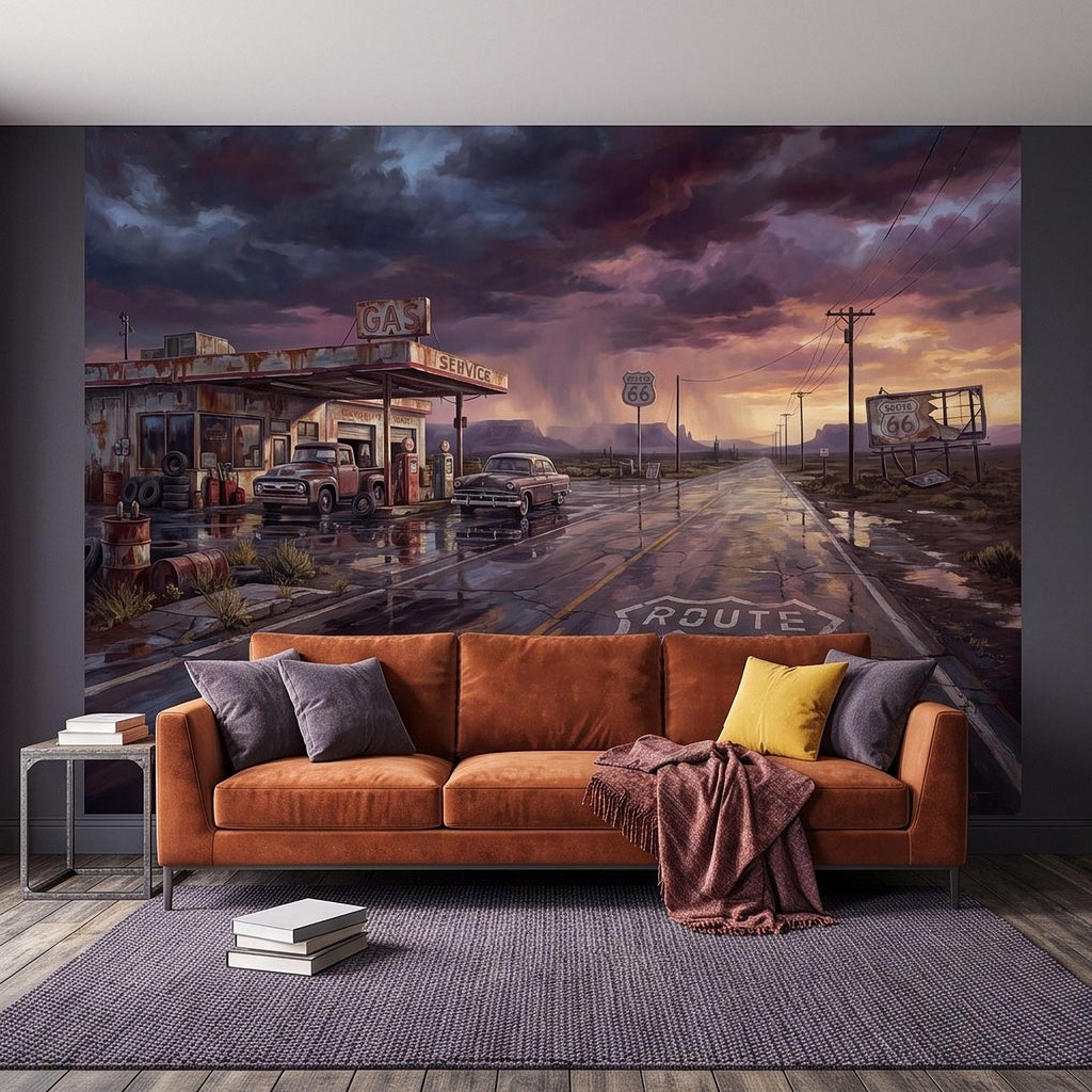 Vintage Route 66 Gas Station Peel and Stick Wall Mural, American Highway Desert Landscape Retro Cars Southwest Rustic Western Wallpaper
