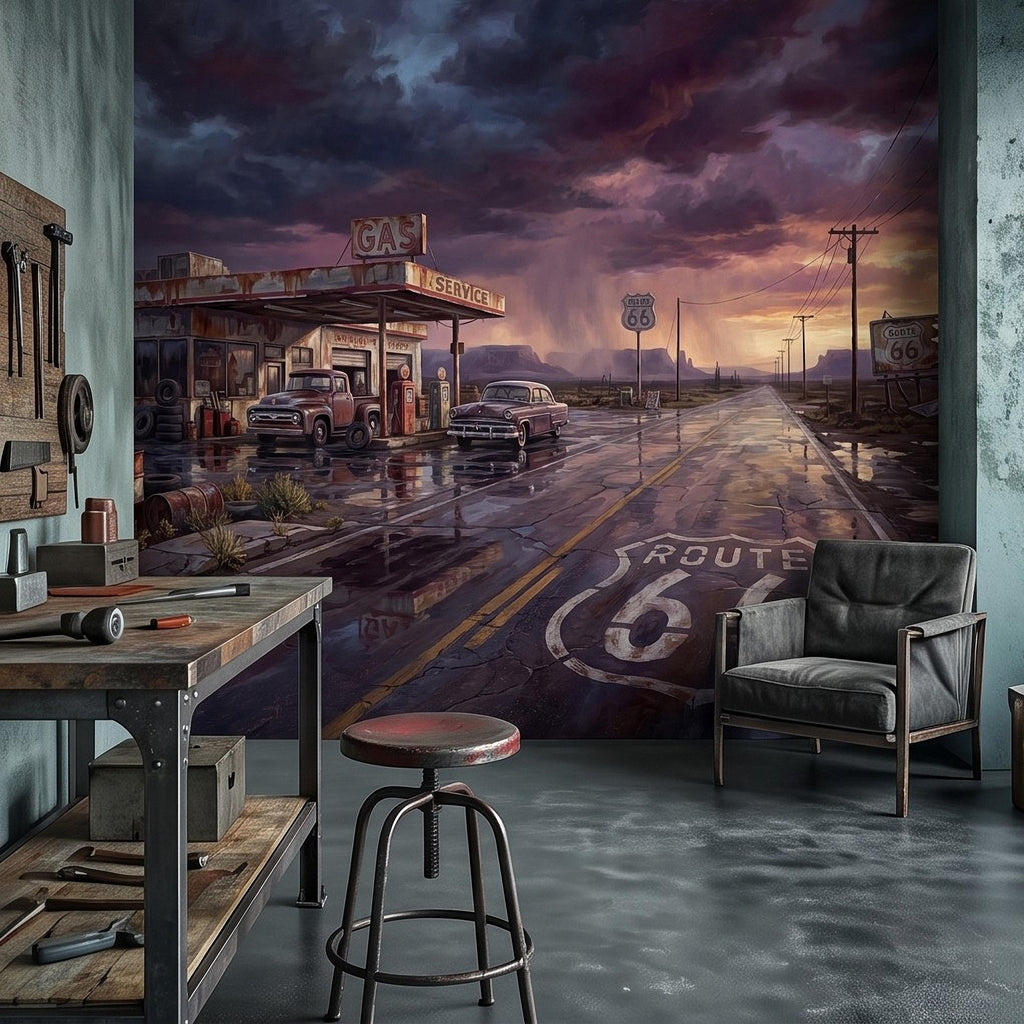 Vintage Route 66 Gas Station Peel and Stick Wall Mural, American Highway Desert Landscape Retro Cars Southwest Rustic Western Wallpaper