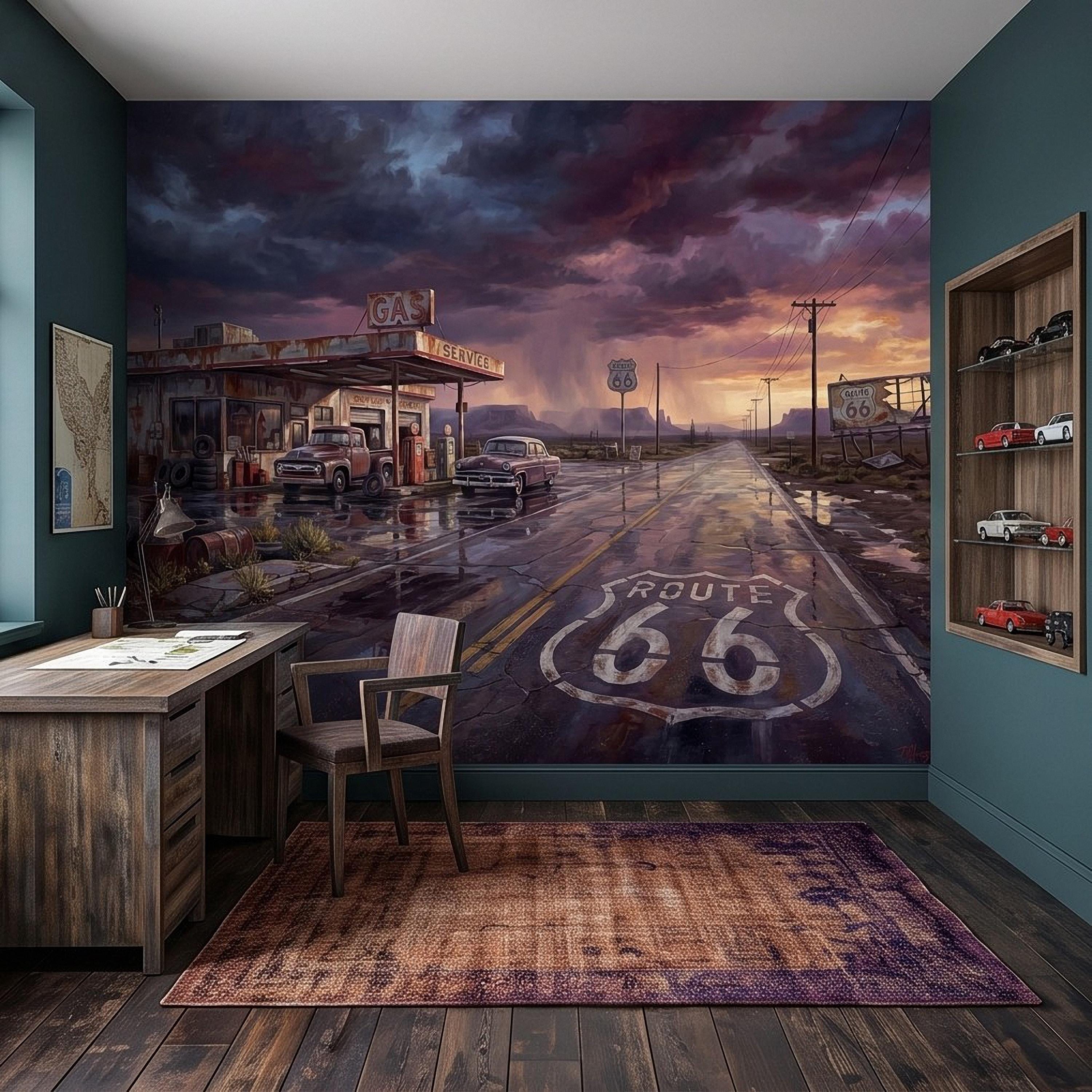Vintage Route 66 Gas Station Peel and Stick Wall Mural, American Highway Desert Landscape Retro Cars Southwest Rustic Western Wallpaper