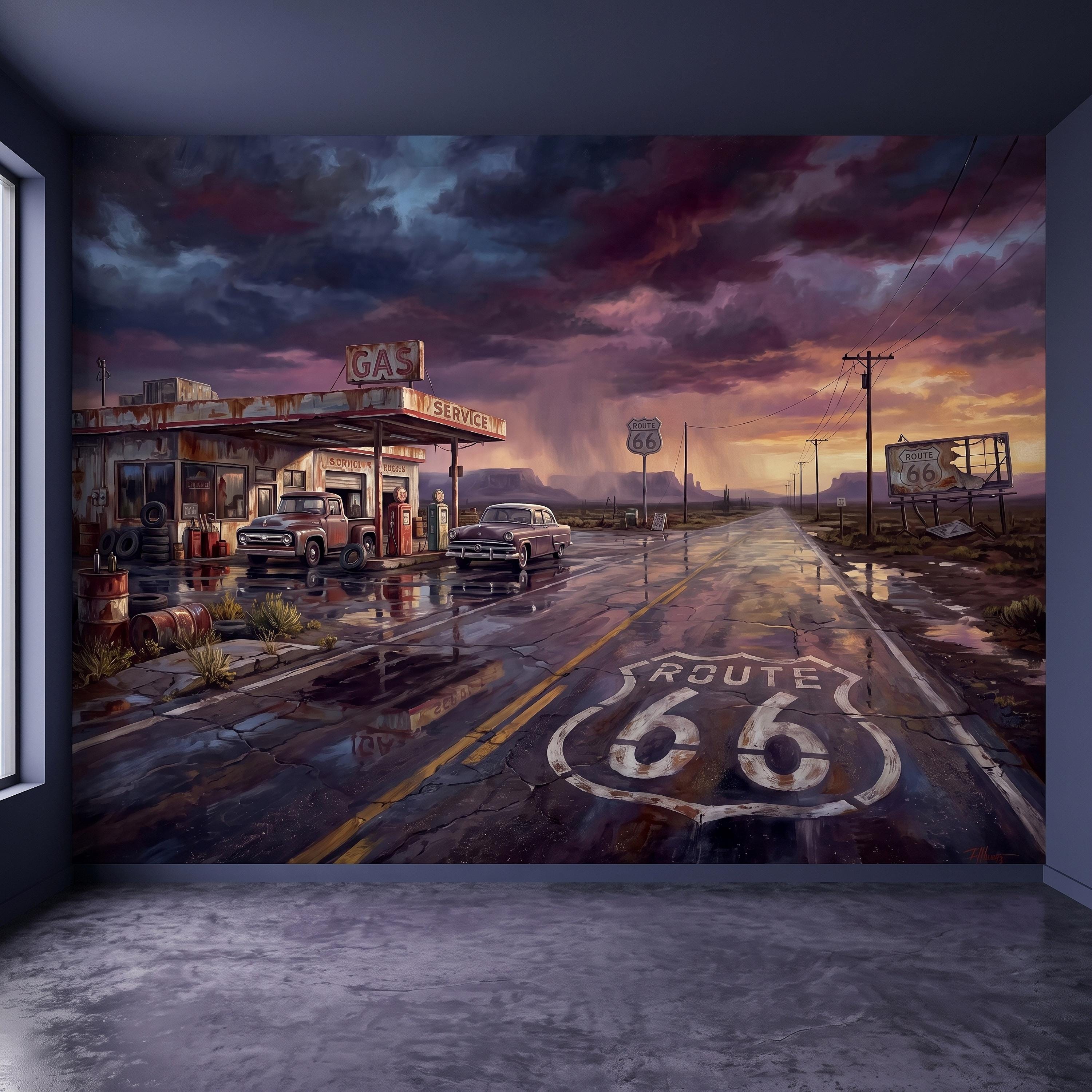 Vintage Route 66 Gas Station Peel and Stick Wall Mural, American Highway Desert Landscape Retro Cars Southwest Rustic Western Wallpaper