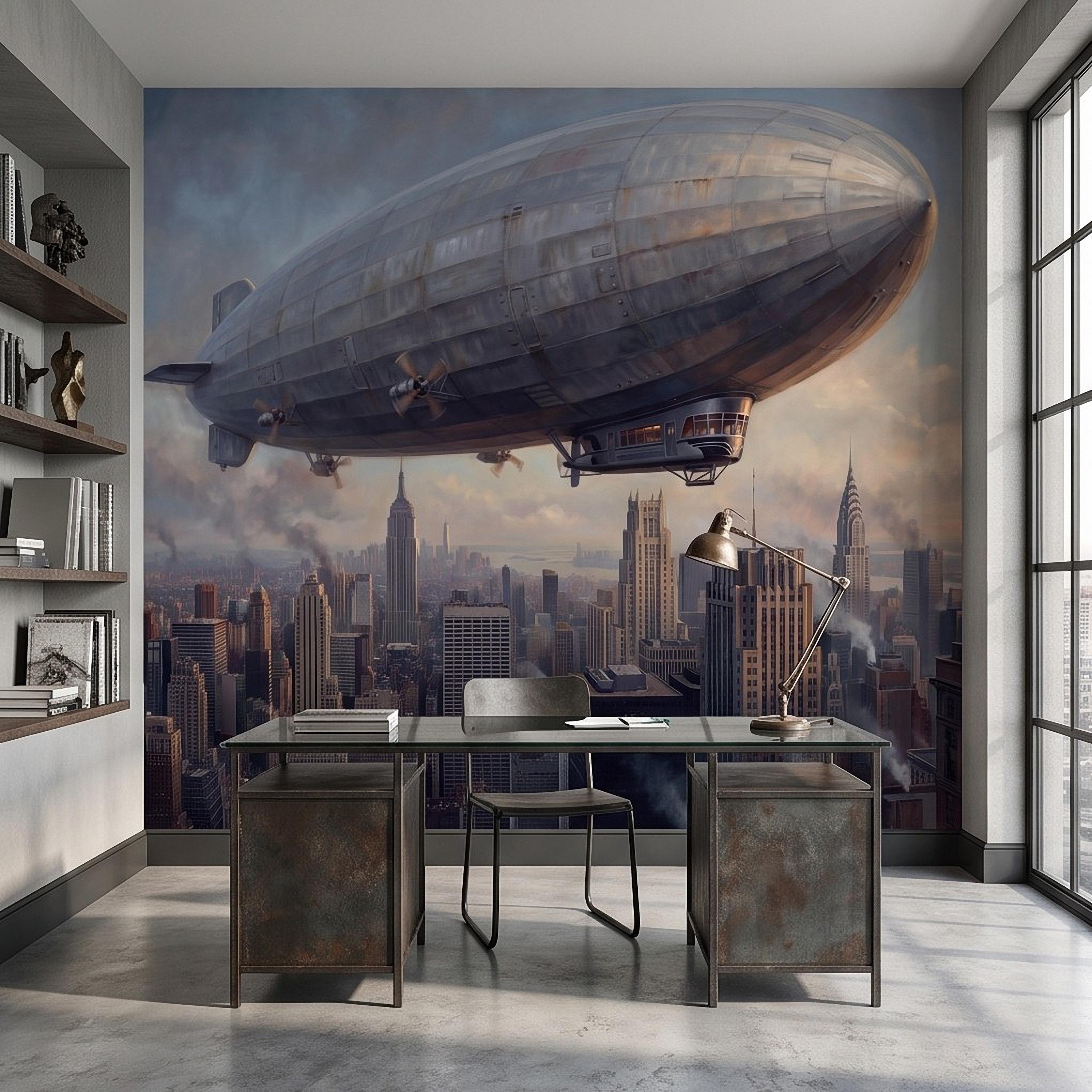 Zeppelin Over Manhattan Peel and Stick Wall Mural, Vintage New York City Skyline Airship Retro Industrial Cityscape New York Wallpaper