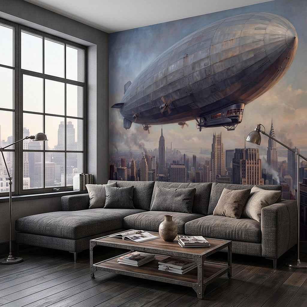 Zeppelin Over Manhattan Peel and Stick Wall Mural, Vintage New York City Skyline Airship Retro Industrial Cityscape New York Wallpaper