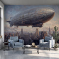 Zeppelin Over Manhattan Peel and Stick Wall Mural, Vintage New York City Skyline Airship Retro Industrial Cityscape New York Wallpaper