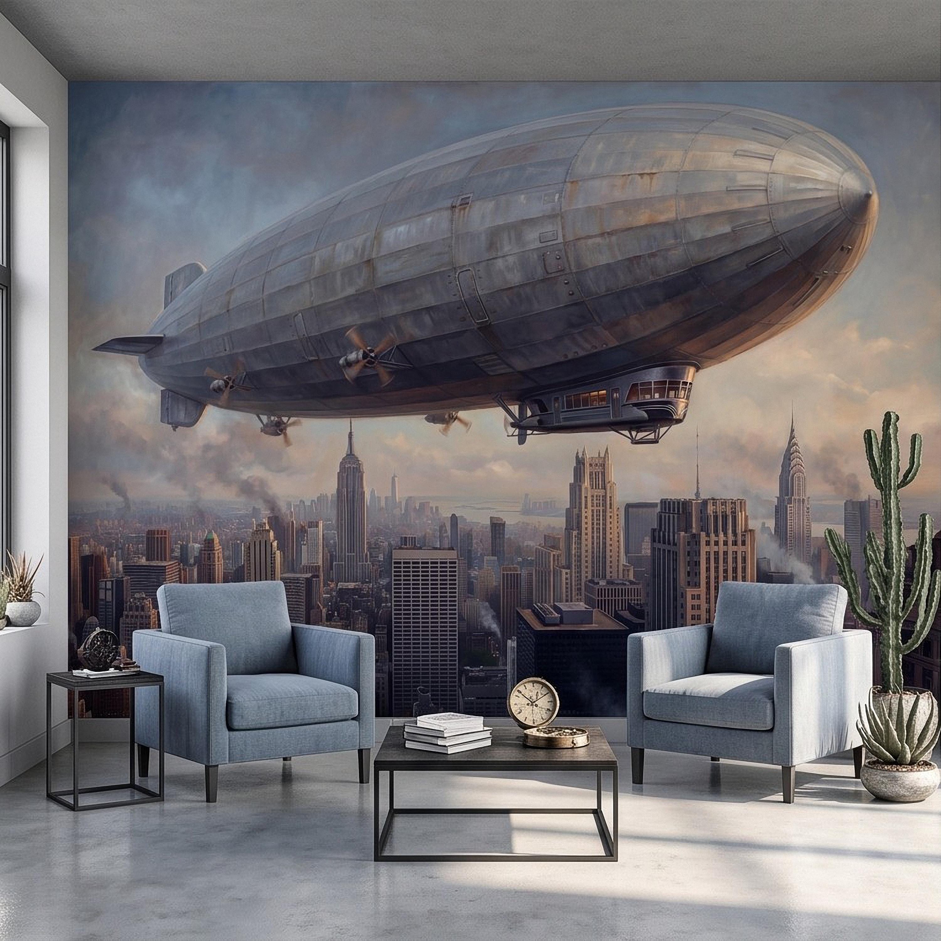 Zeppelin Over Manhattan Peel and Stick Wall Mural, Vintage New York City Skyline Airship Retro Industrial Cityscape New York Wallpaper