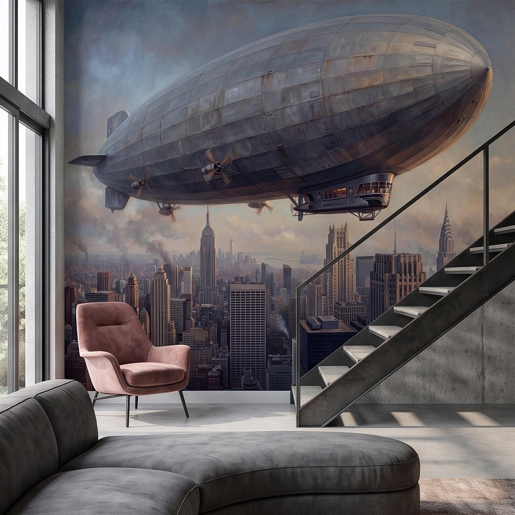 Zeppelin Over Manhattan Peel and Stick Wall Mural, Vintage New York City Skyline Airship Retro Industrial Cityscape New York Wallpaper