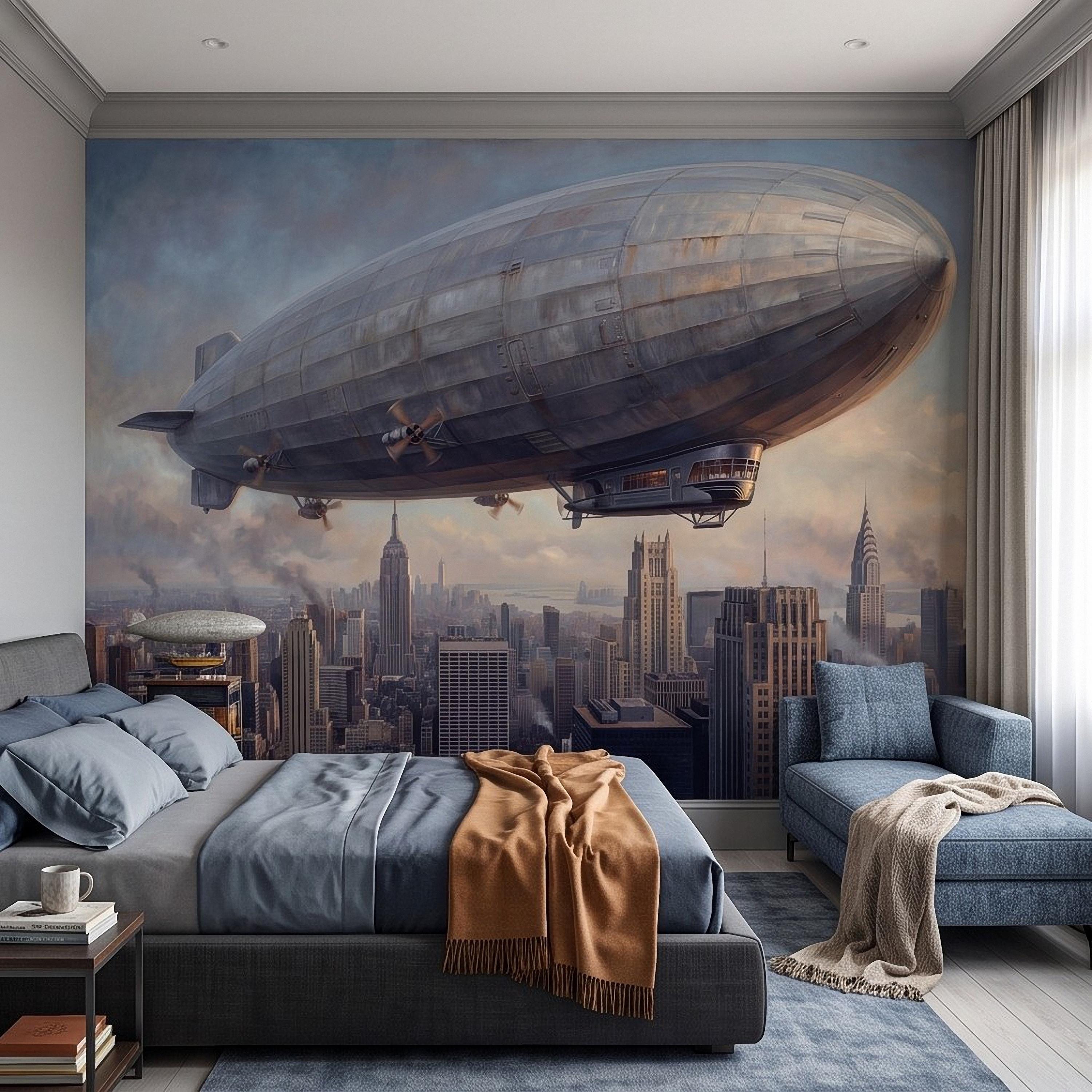Zeppelin Over Manhattan Peel and Stick Wall Mural, Vintage New York City Skyline Airship Retro Industrial Cityscape New York Wallpaper