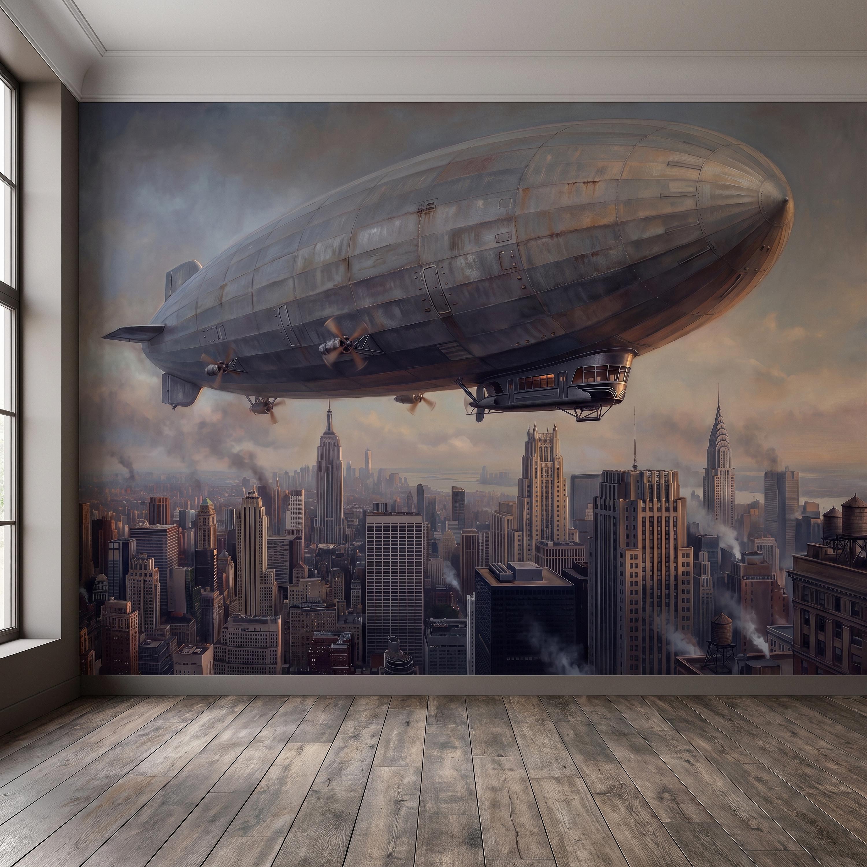 Zeppelin Over Manhattan Peel and Stick Wall Mural, Vintage New York City Skyline Airship Retro Industrial Cityscape New York Wallpaper